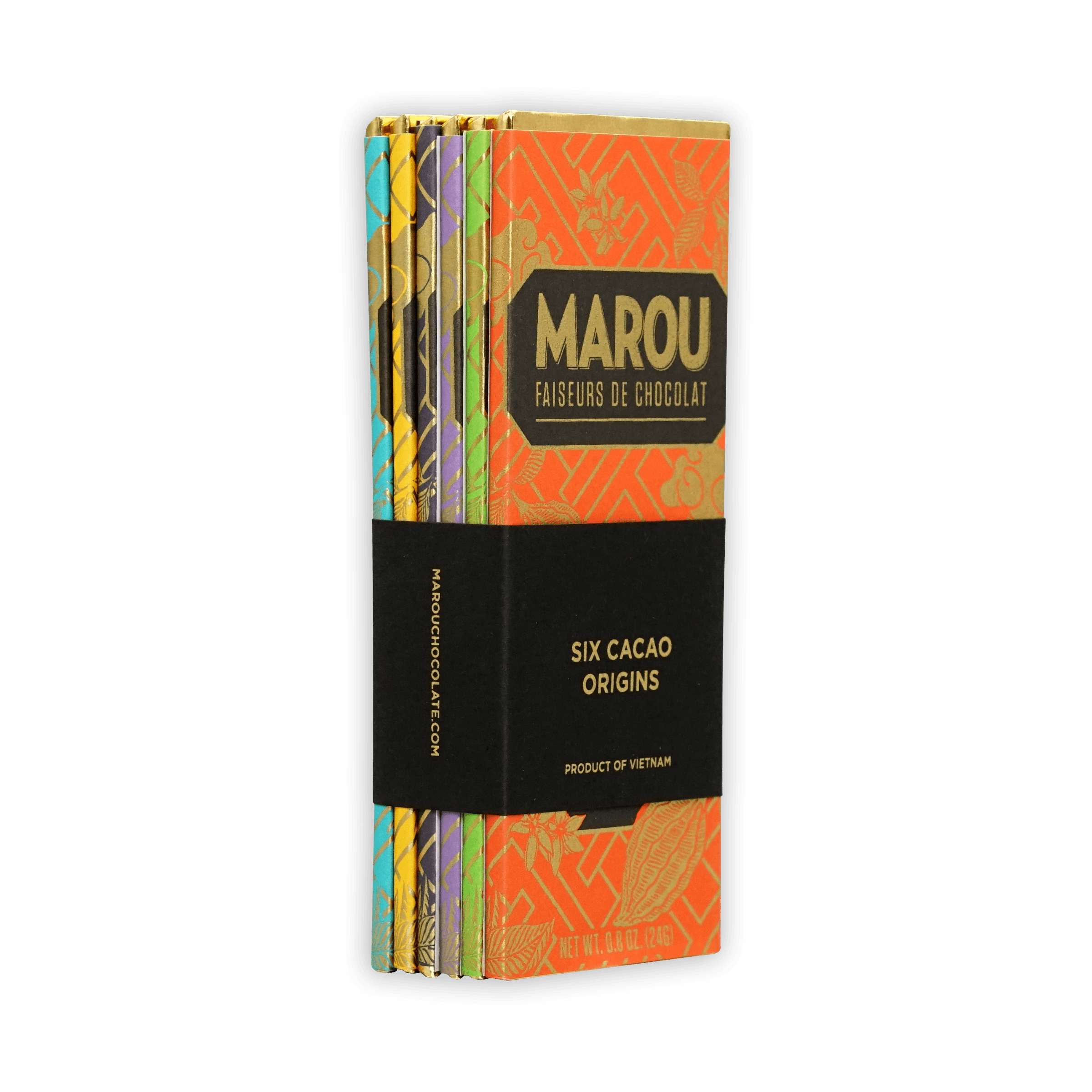 Marou Mini Bar Gift Set: 6 vibrant orange-gold bars in black package