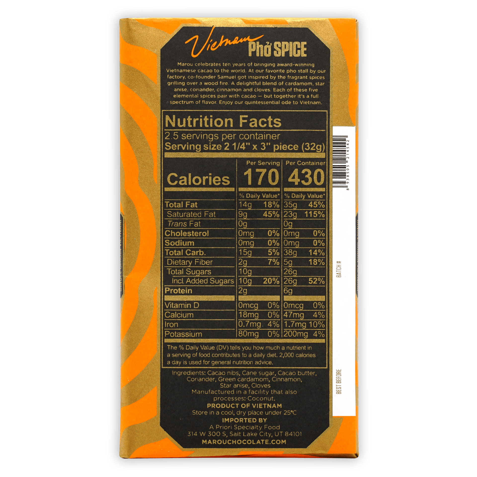 Marou Dark Pho Spice 65% limited edition chocolate bar box in orange gold foil