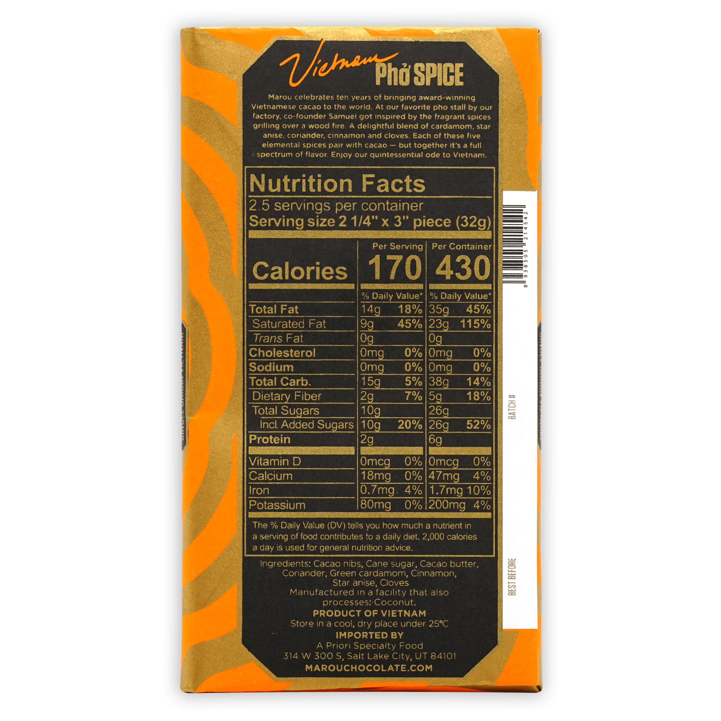 Marou Dark Pho Spice 65% limited edition chocolate bar box in orange gold foil