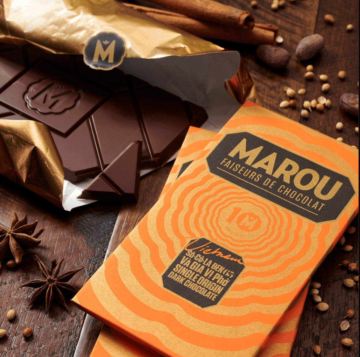 Marou Dark Pho Spice 65% limited edition chocolate bar, orange gold wrapper