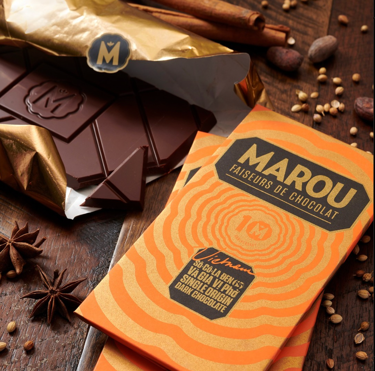 Marou Dark Pho Spice 65% limited edition chocolate bar, orange gold wrapper