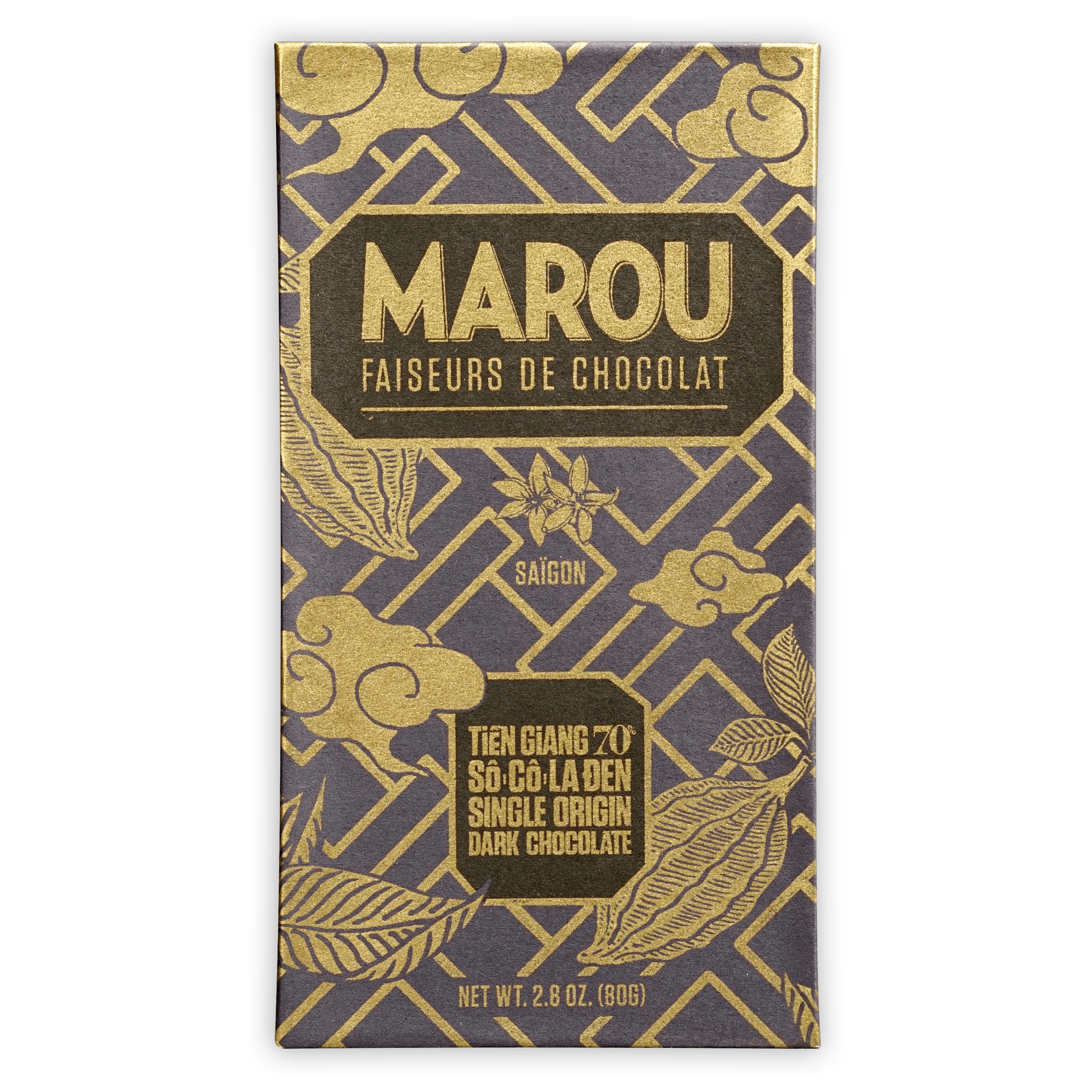 Marou Tien Giang 70% dark chocolate bar in navy blue gold foil wrap