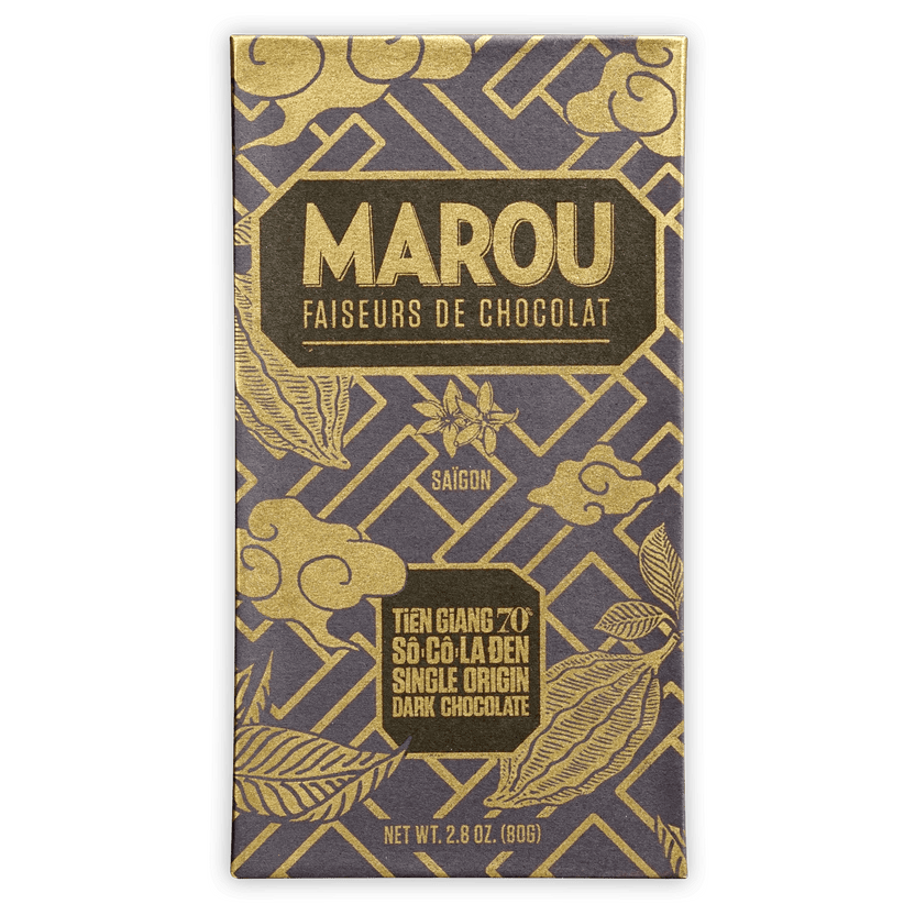 Marou Tien Giang 70% dark chocolate bar in navy blue gold foil wrap