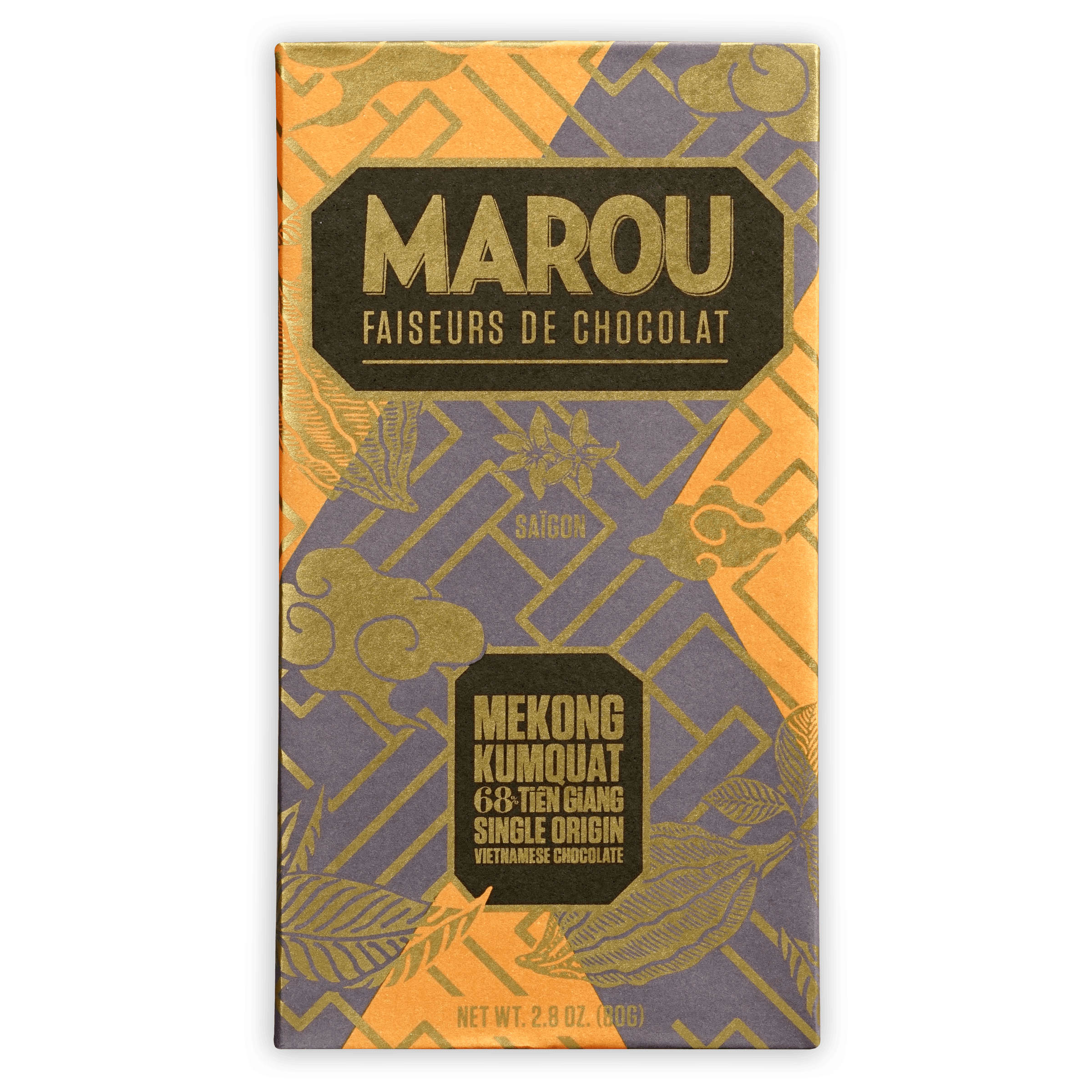 Marou Tien Giang Mekong Kumquat 68% chocolate bar in purple gold wrapper