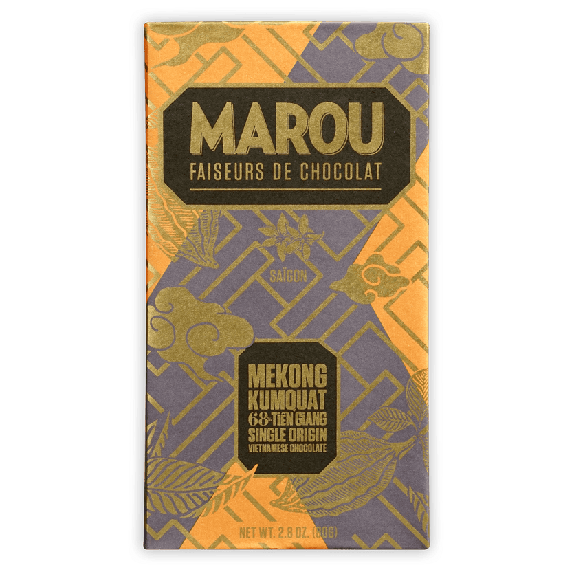 Marou Tien Giang Mekong Kumquat 68% chocolate bar in purple gold wrapper
