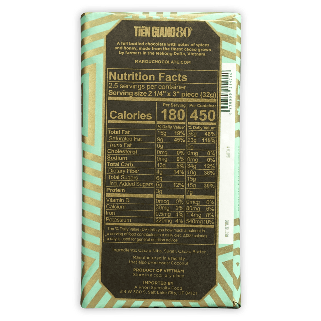 Marou Tien Giang 80% dark chocolate bar in teal gold wrapper