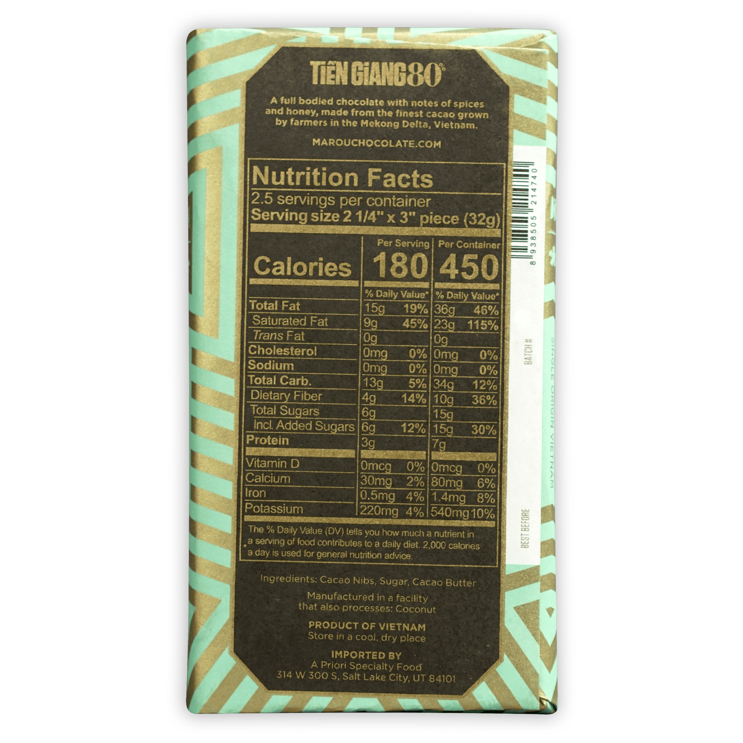 Marou Tien Giang 80% dark chocolate bar in teal gold wrapper