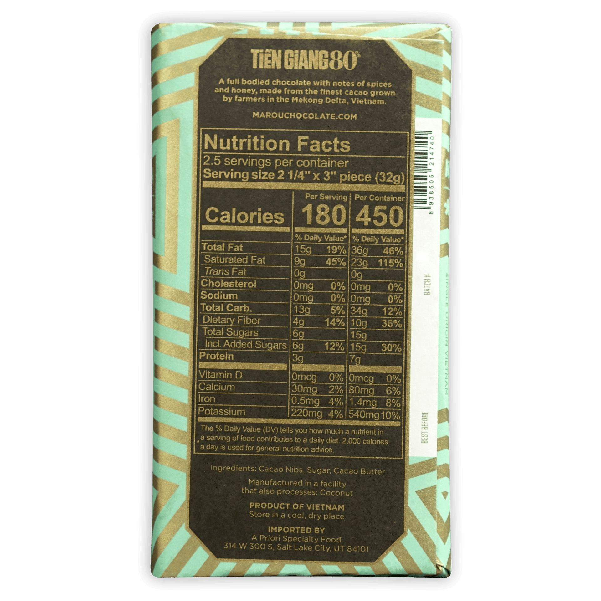Marou Tien Giang 80% dark chocolate bar in teal gold wrapper
