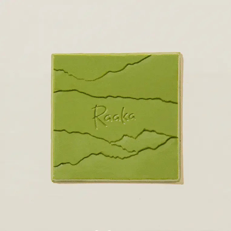 Raaka Matcha Waffle Cone 40% olive-green ceramic tile with wavy lines and Raaka script
