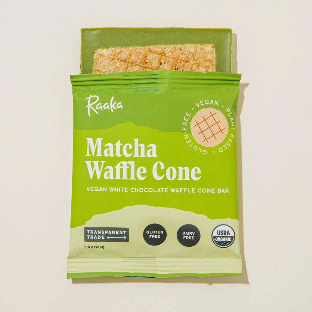 Raaka Matcha Waffle Cone 40% vegan white chocolate bar with grid texture