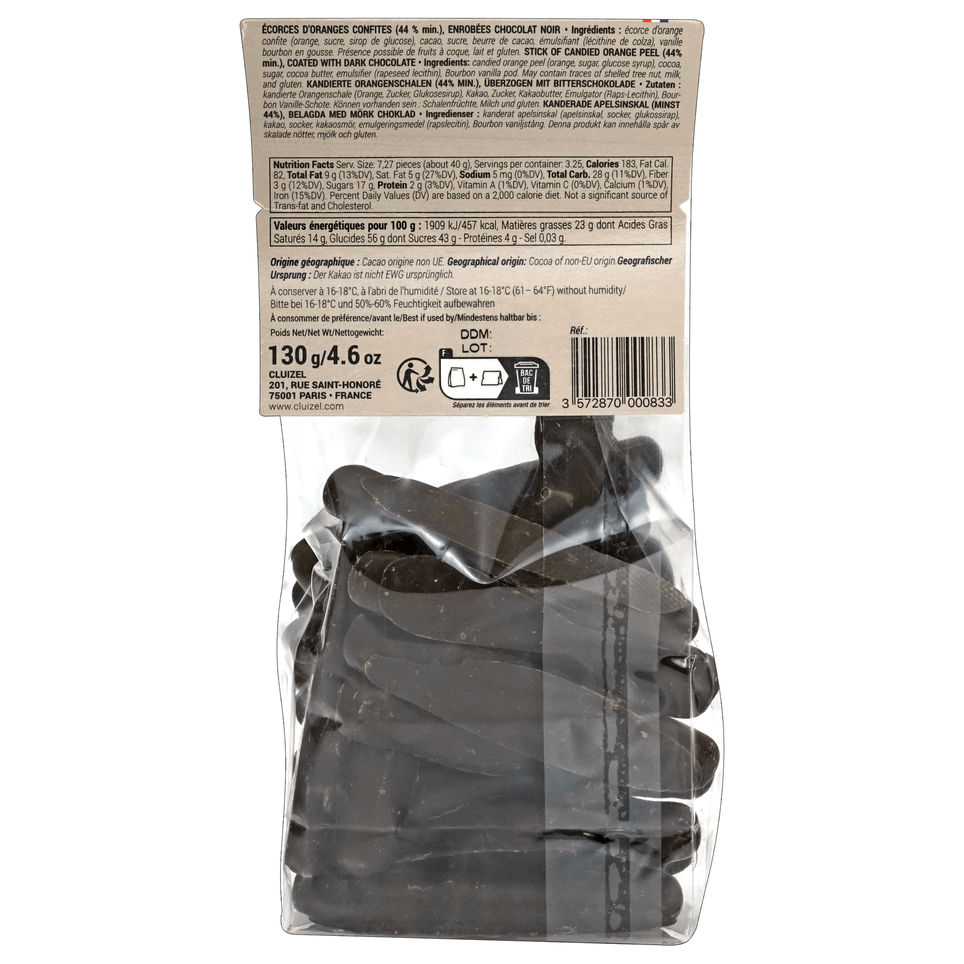 Michel Cluizel dark chocolate covered candied orange strips pack