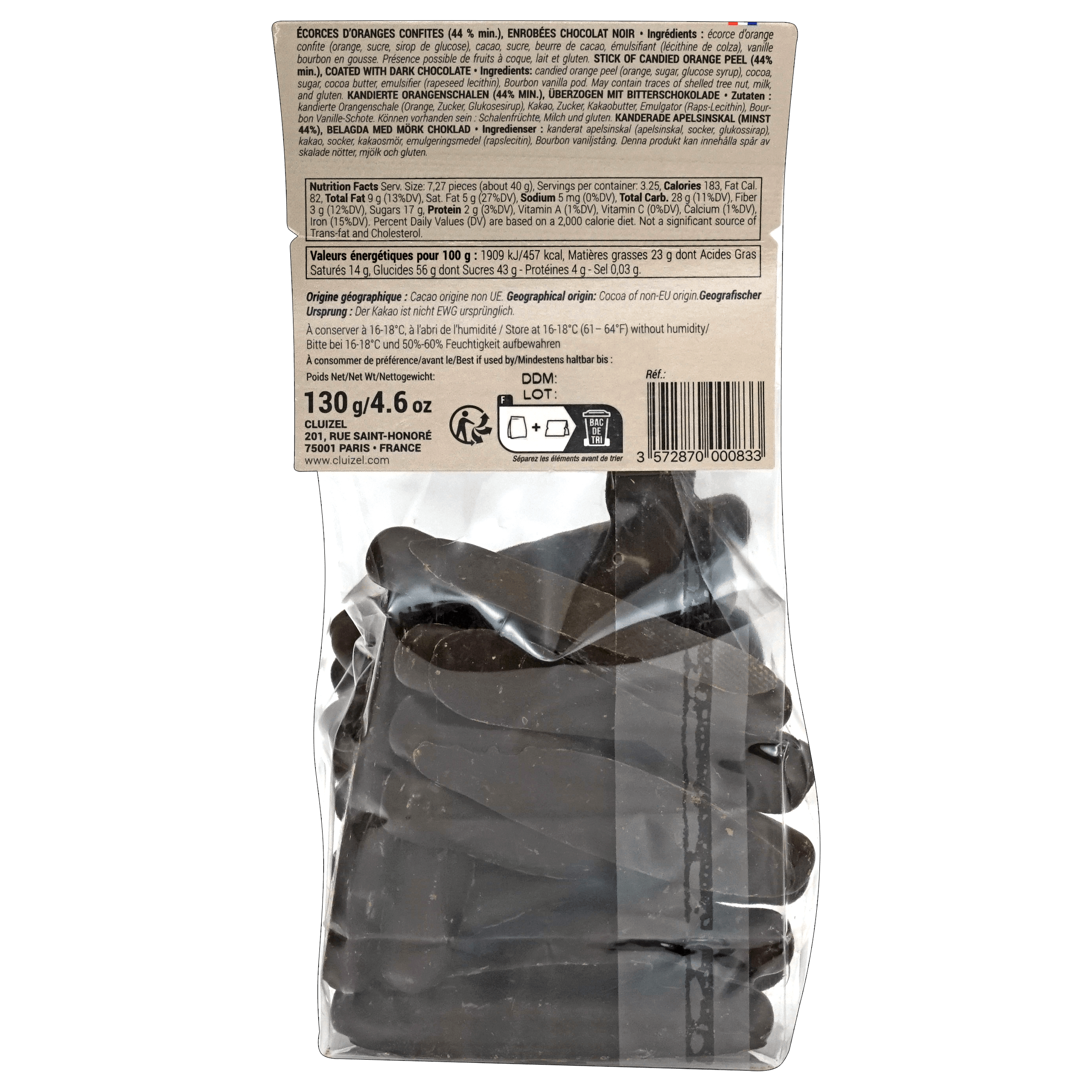 Michel Cluizel dark chocolate covered candied orange strips pack