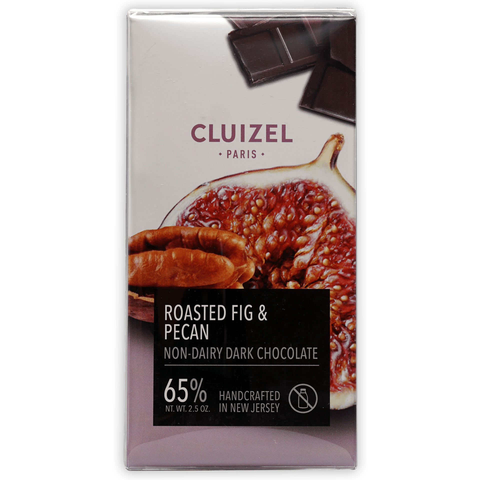 Michel Cluizel 65% dark chocolate bar with roasted fig and pecan in transparent wrapper