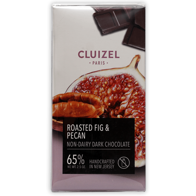 Michel Cluizel 65% dark chocolate bar with roasted fig and pecan in transparent wrapper