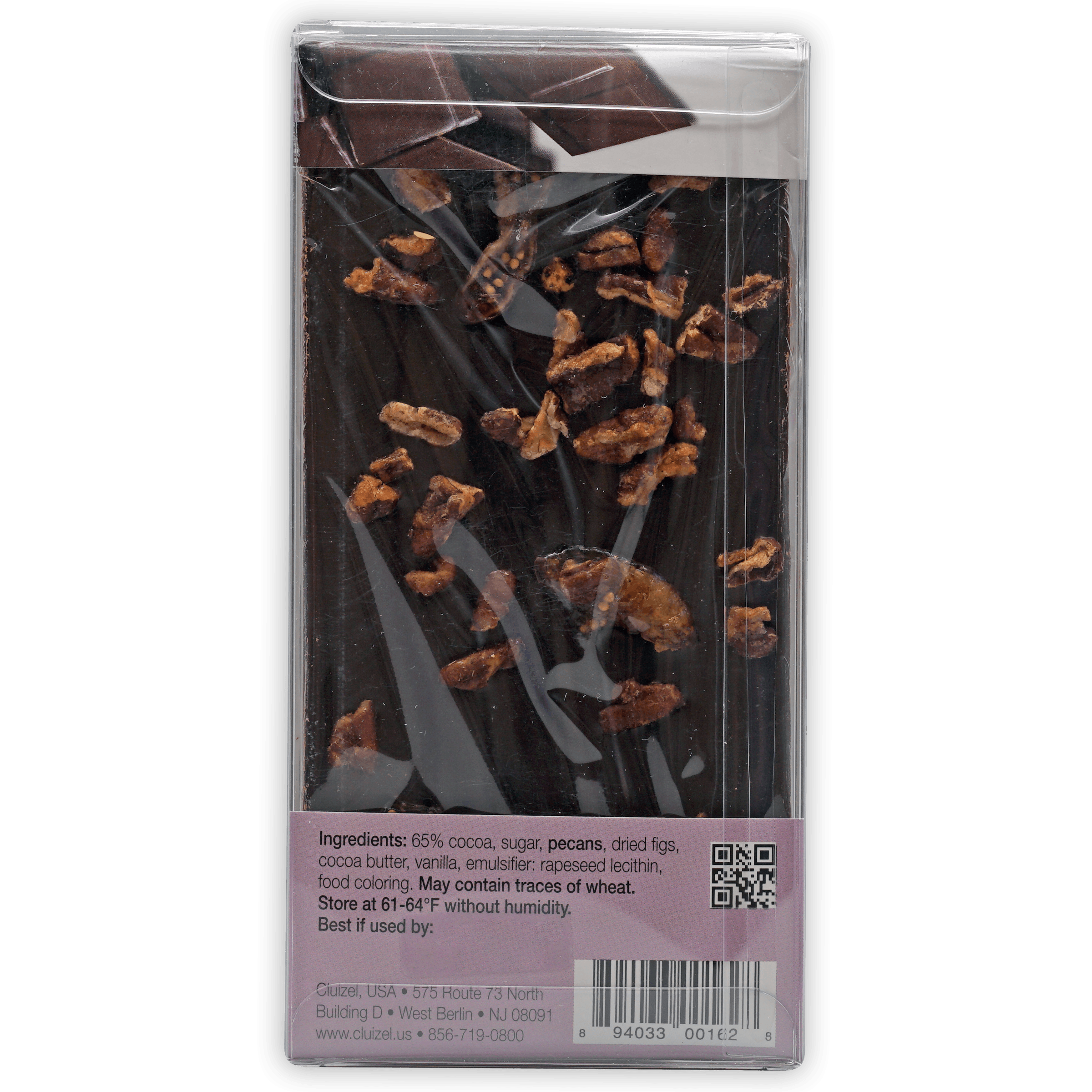 Michel Cluizel 65% dark chocolate bar with pecans and figs in clear wrapper