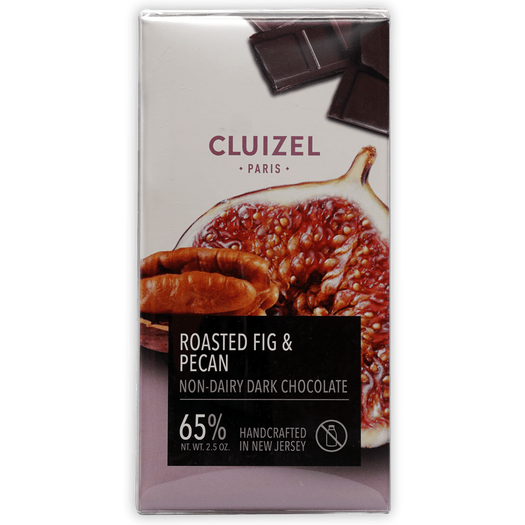 Michel Cluizel 65% dark chocolate bar with roasted fig and pecan in transparent wrapper