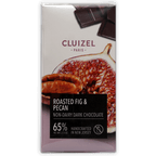 Michel Cluizel 65% dark chocolate bar with roasted fig and pecan in transparent wrapper
