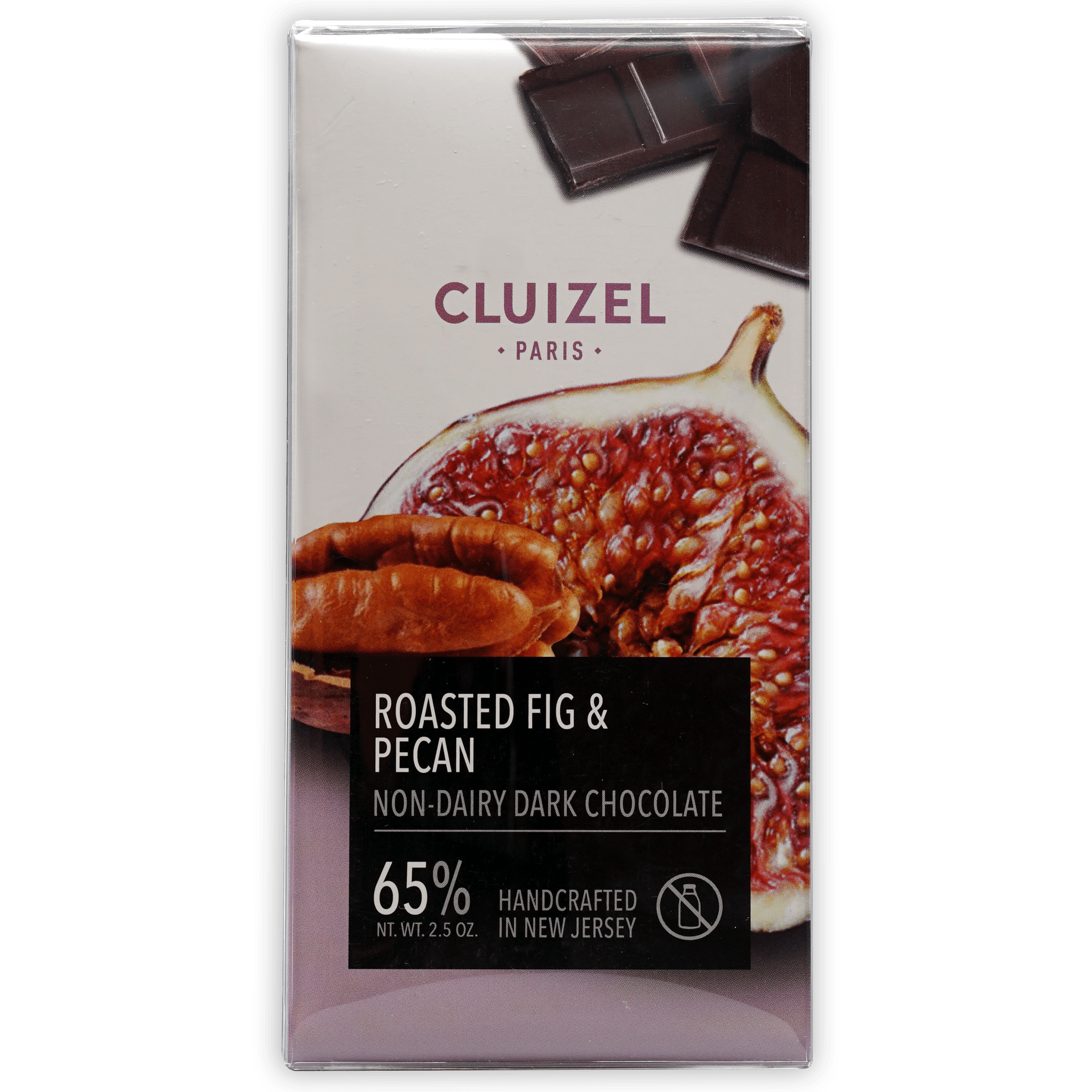 Michel Cluizel 65% dark chocolate bar with roasted fig and pecan in transparent wrapper