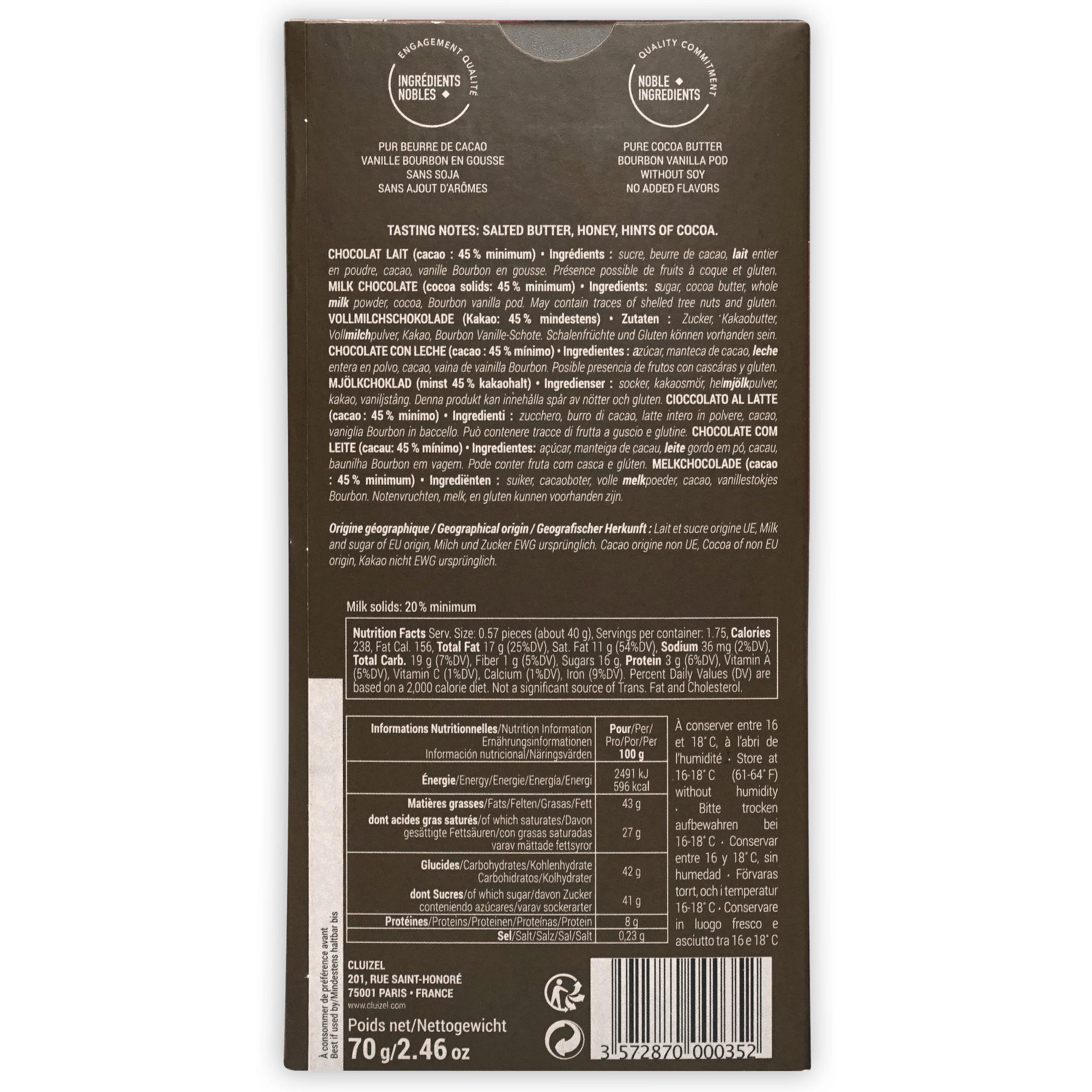 Back of Michel Cluizel Grand Lait 45% dark brown chocolate bar wrapper with ingredients and nutrition info