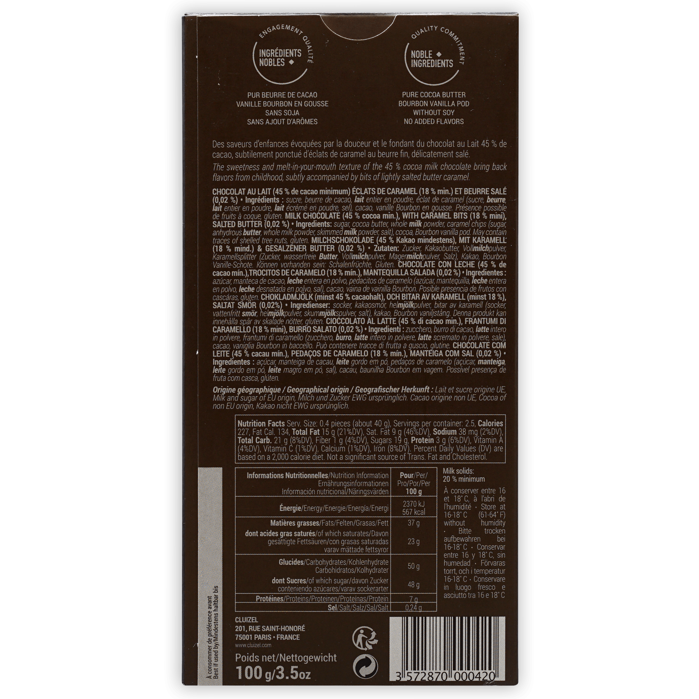 Back of Michel Cluizel Salted Butter Caramel 45% chocolate bar wrapper
