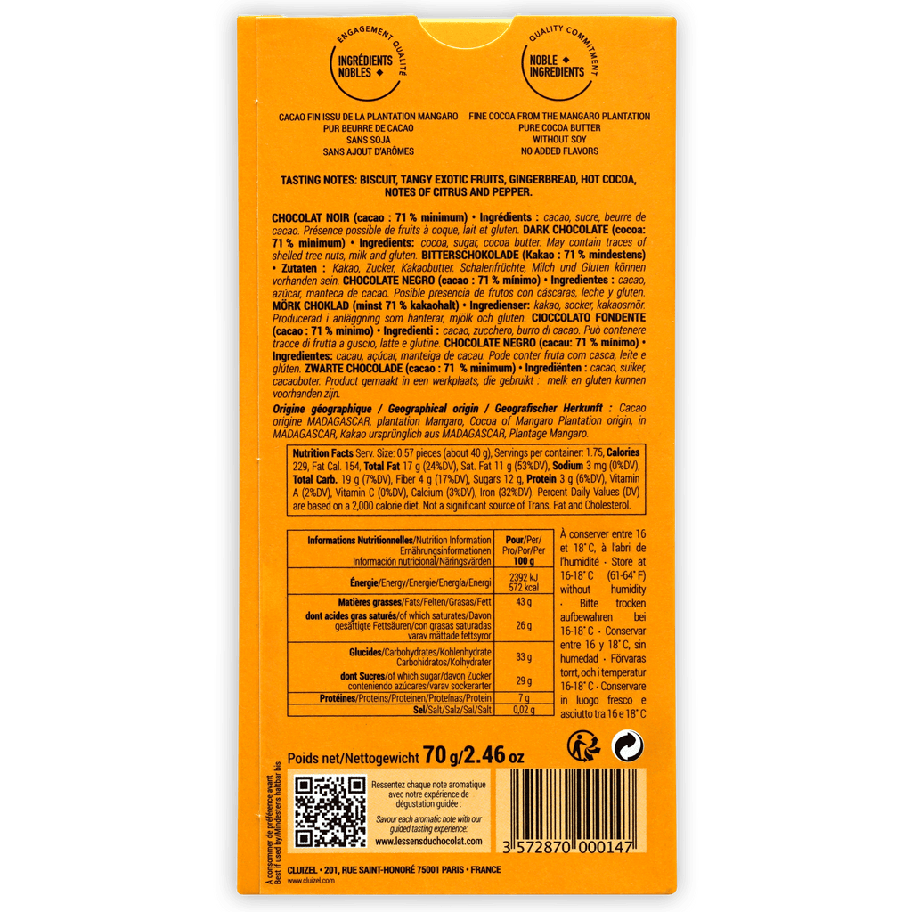 Back of Michel Cluizel Mangaro Dark 71% wrapper with orange design and multilingual info