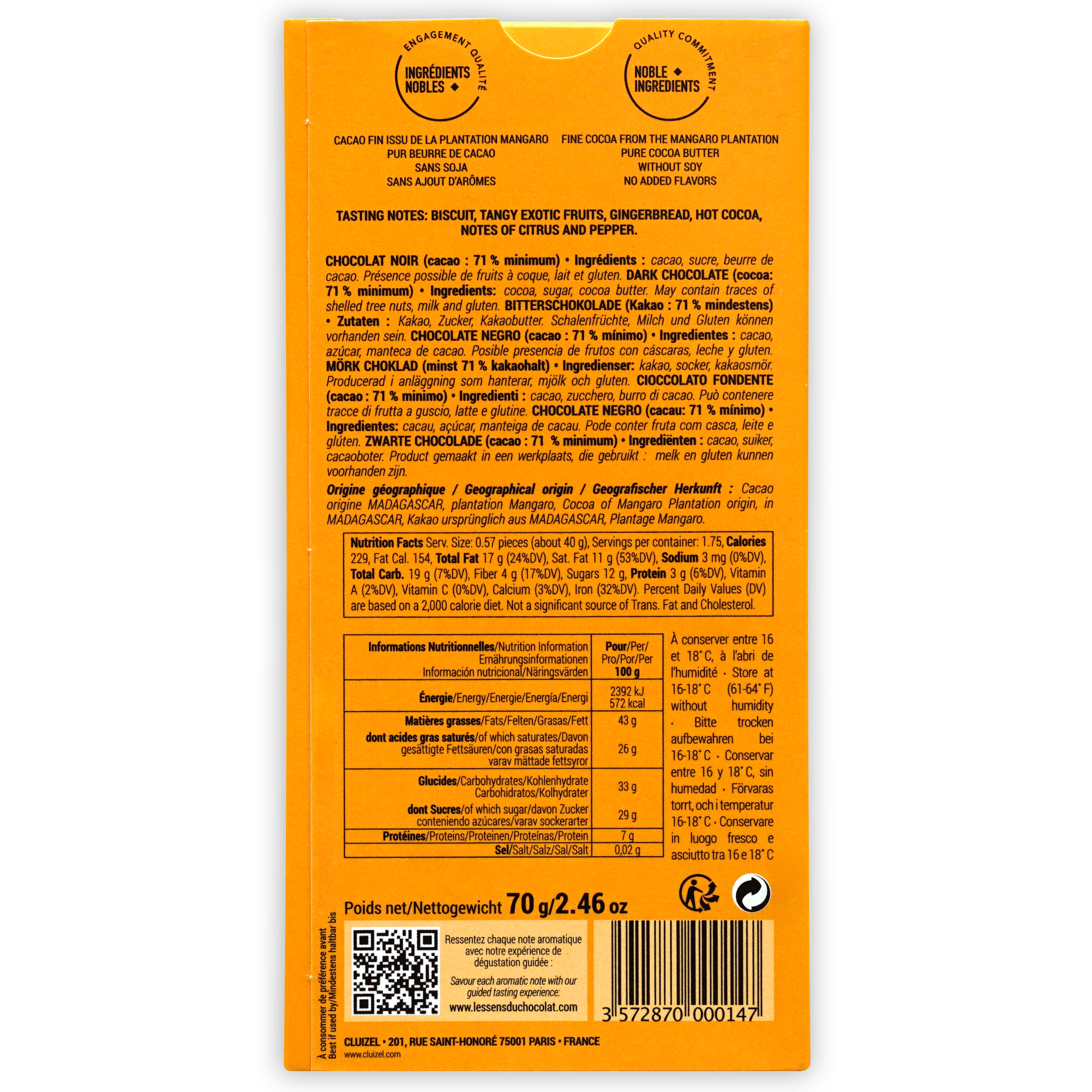 Back of Michel Cluizel Mangaro Dark 71% wrapper with orange design and multilingual info