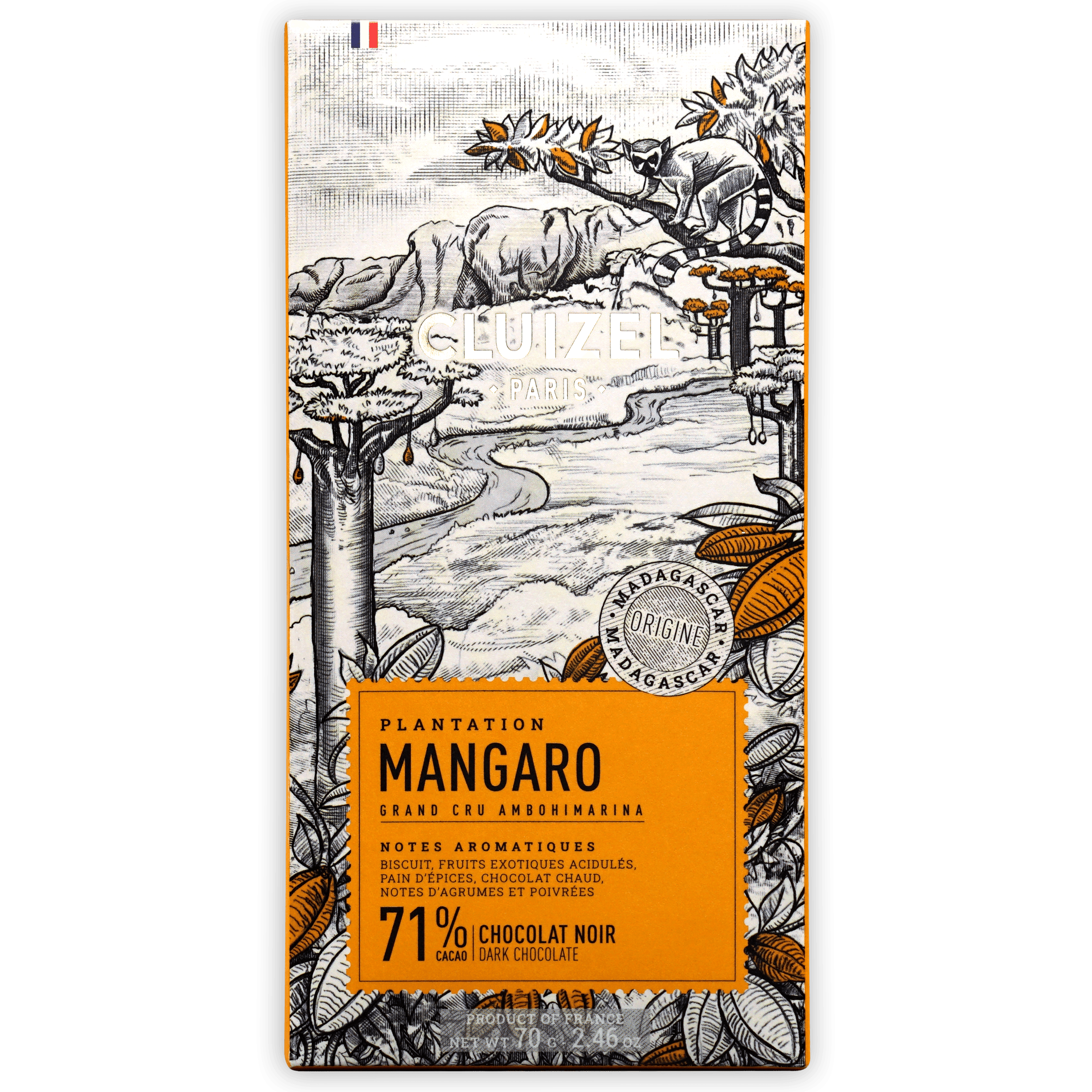 Michel Cluizel Mangaro Dark 71% wrapper with Madagascar lemur landscape