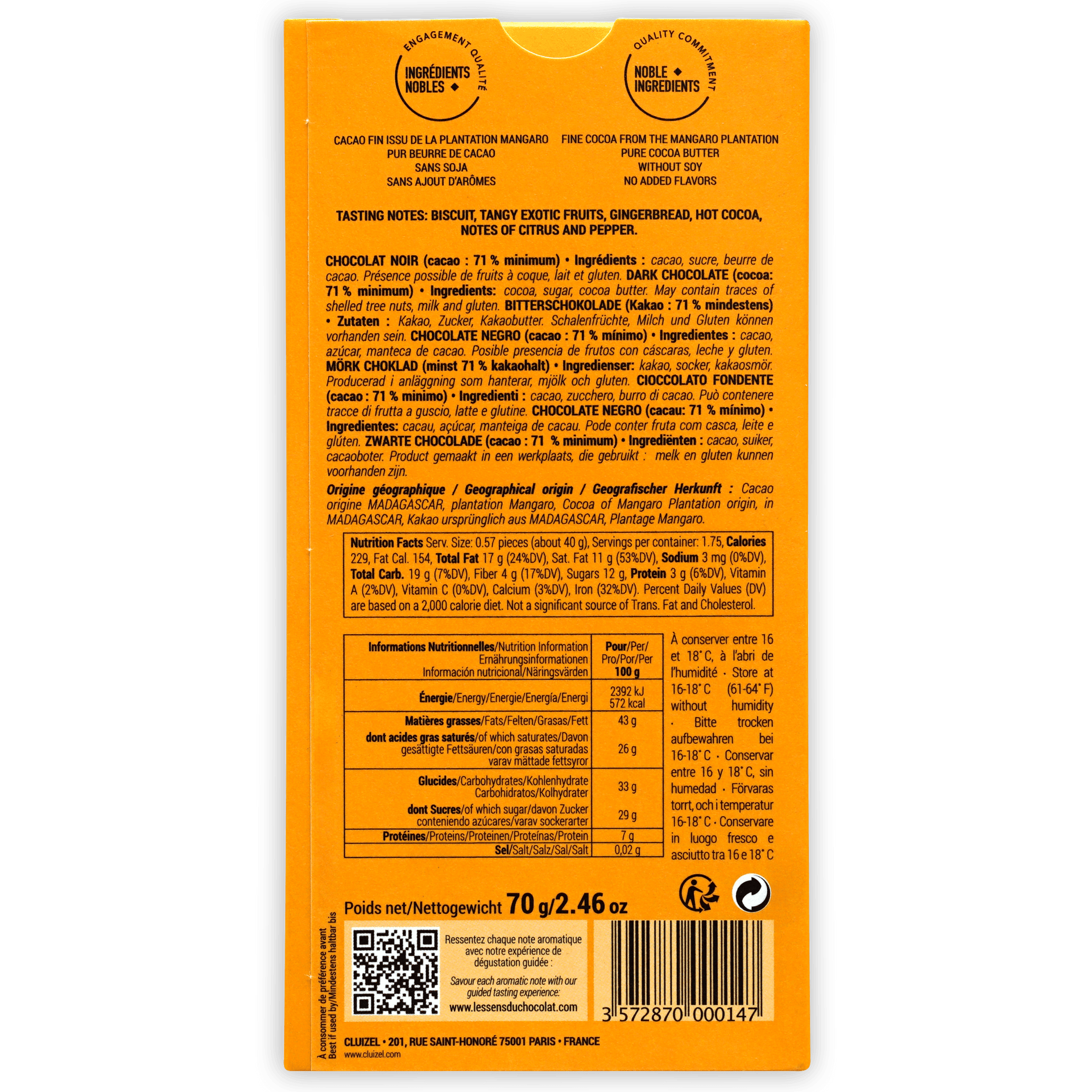 Back of Michel Cluizel Mangaro Dark 71% wrapper with orange design and multilingual info