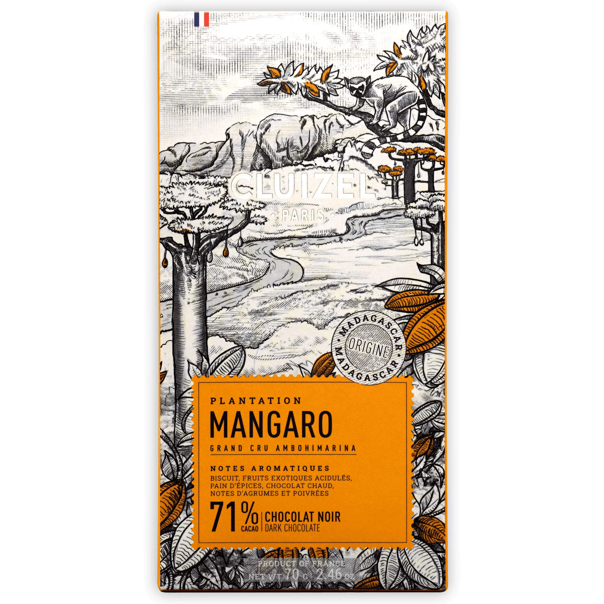 Michel Cluizel Mangaro Dark 71% wrapper with Madagascar lemur landscape
