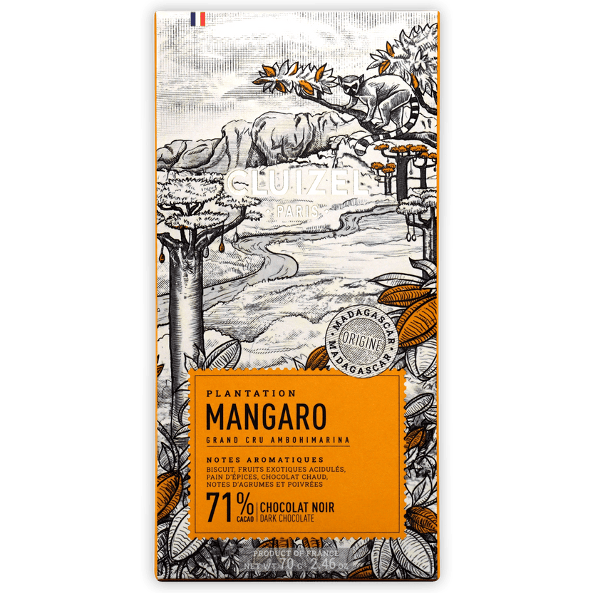 Michel Cluizel Mangaro Dark 71% wrapper with Madagascar lemur landscape