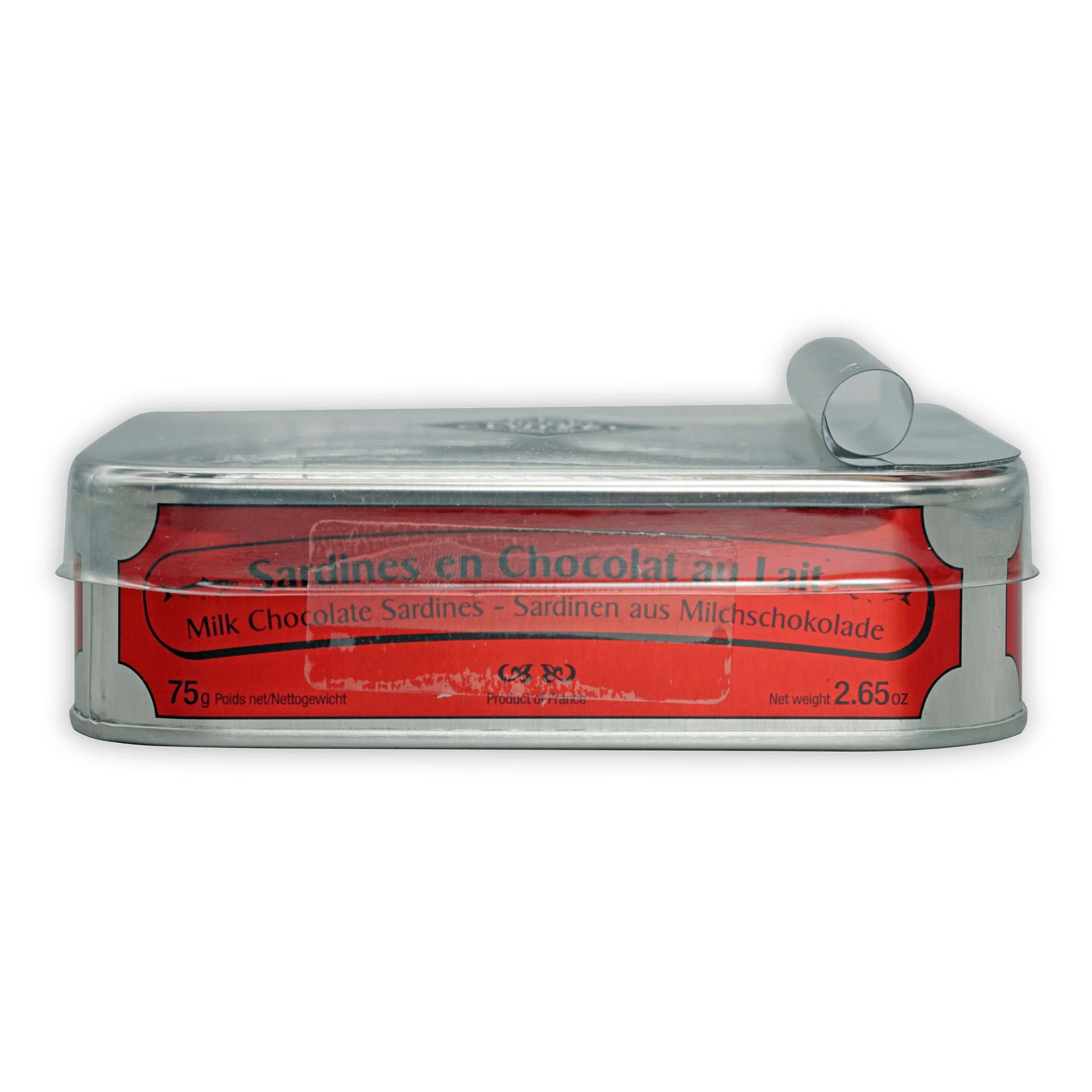 Michel Cluizel milk chocolate sardines silver tin with red label