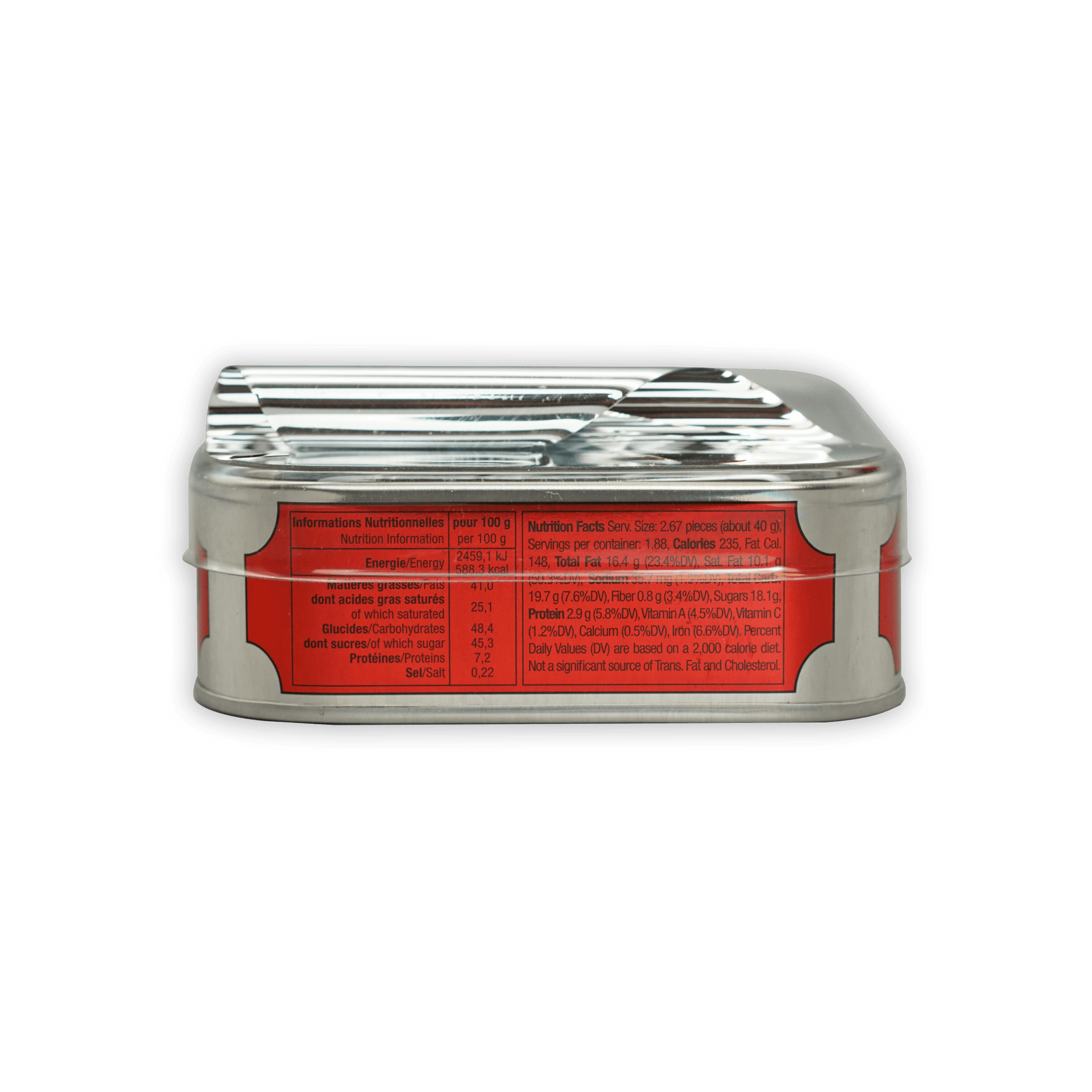 Michel Cluizel milk chocolate sardine tin back with red nutrition label