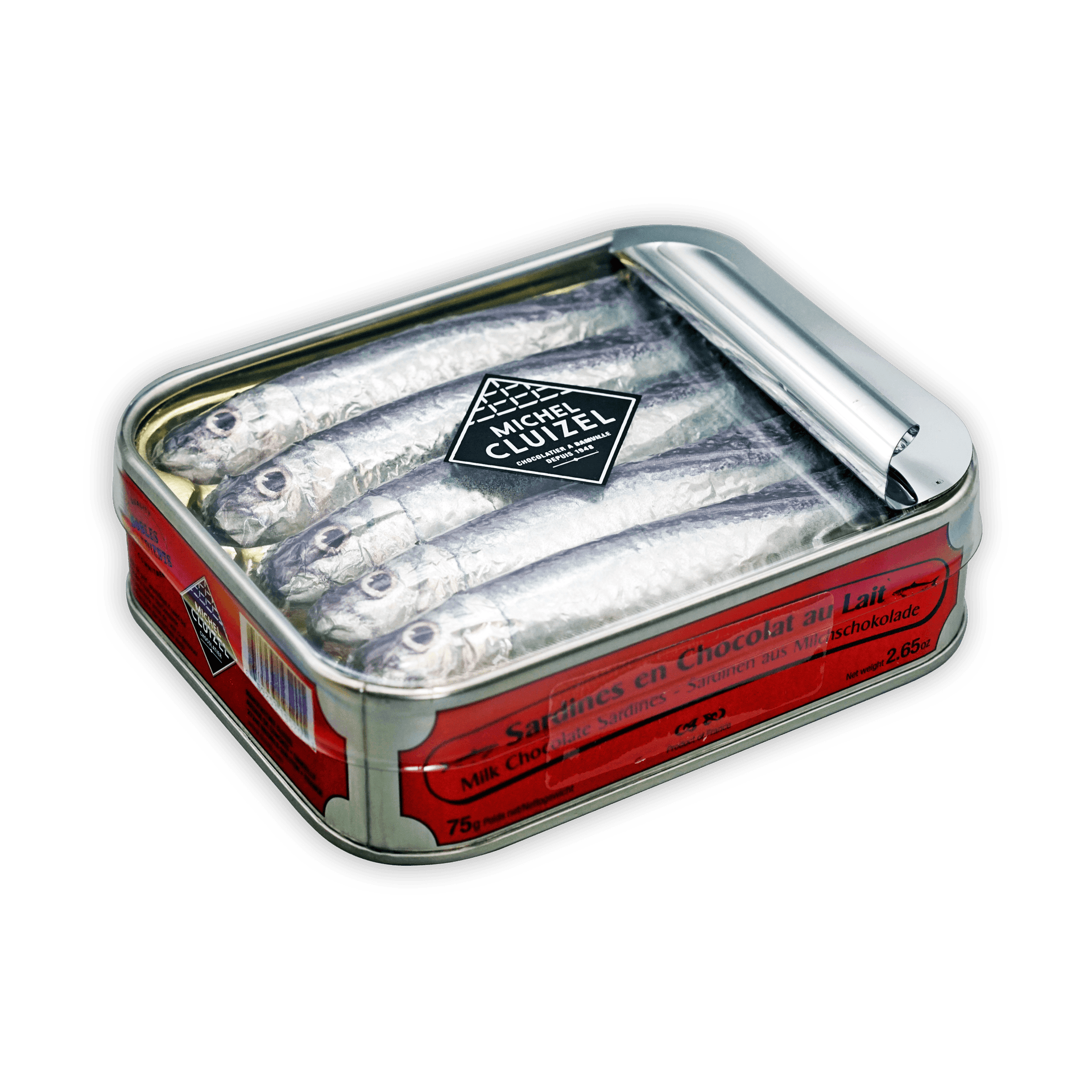 Michel Cluizel red silver tin with milk chocolate-covered sardines 5 pcs