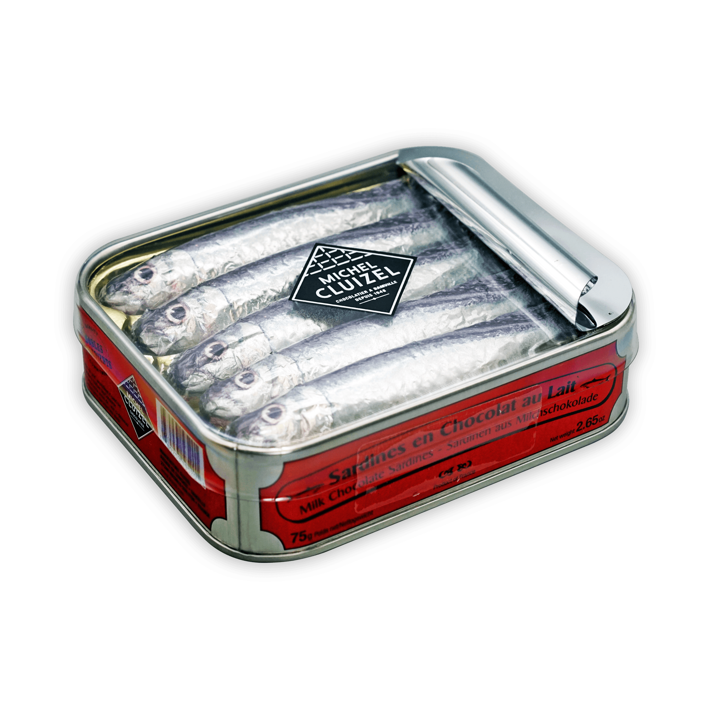 Michel Cluizel red silver tin with milk chocolate-covered sardines 5 pcs