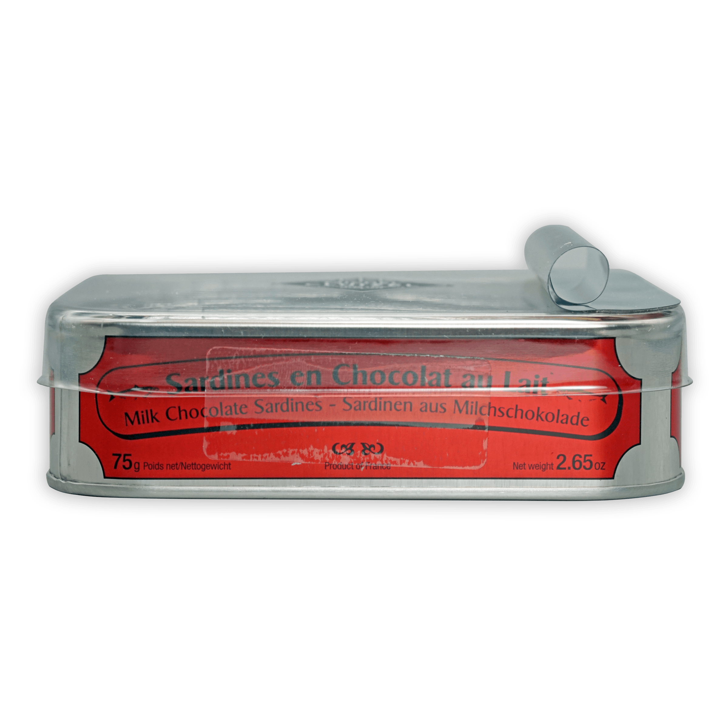 Michel Cluizel milk chocolate sardines silver tin with red label