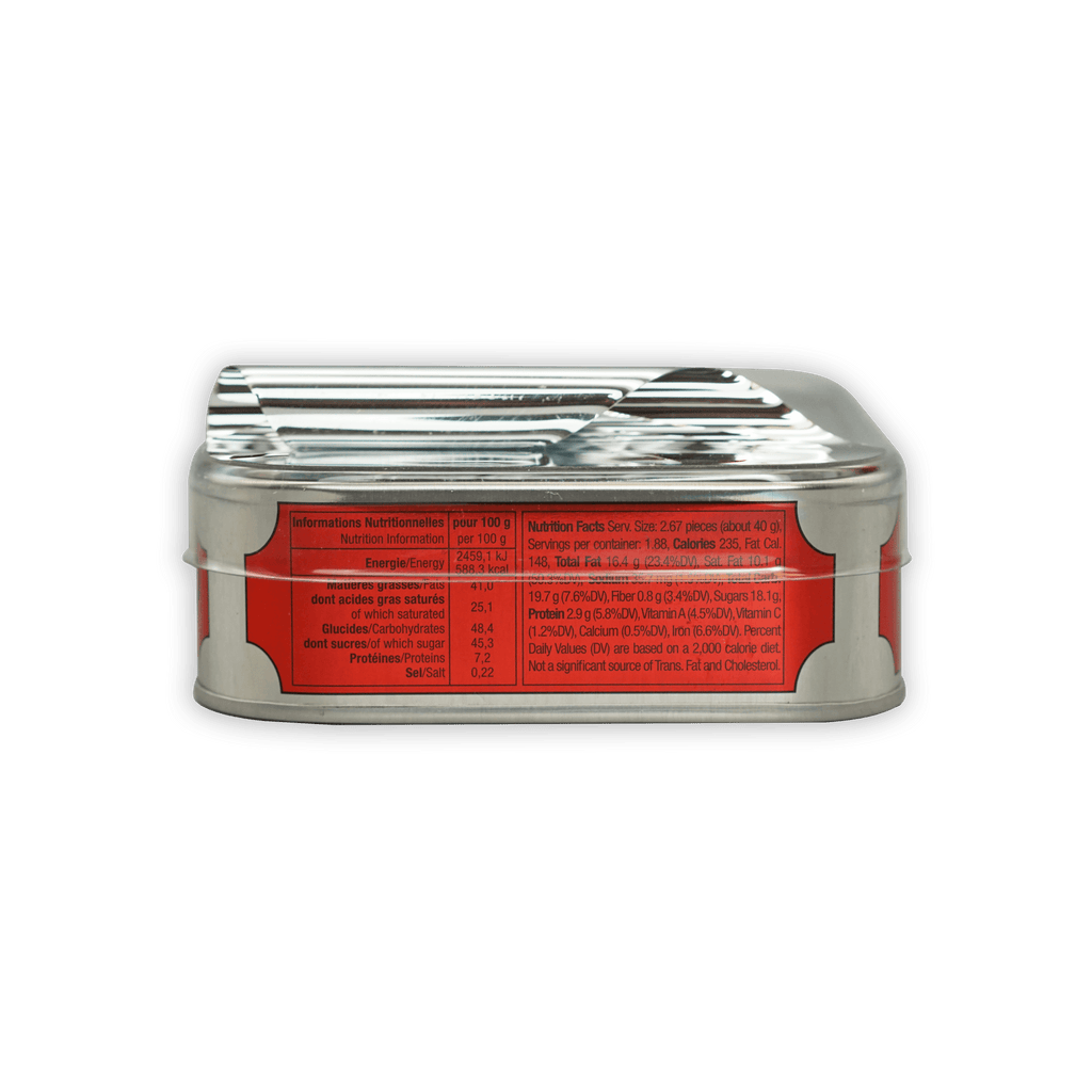 Michel Cluizel milk chocolate sardine tin back with red nutrition label