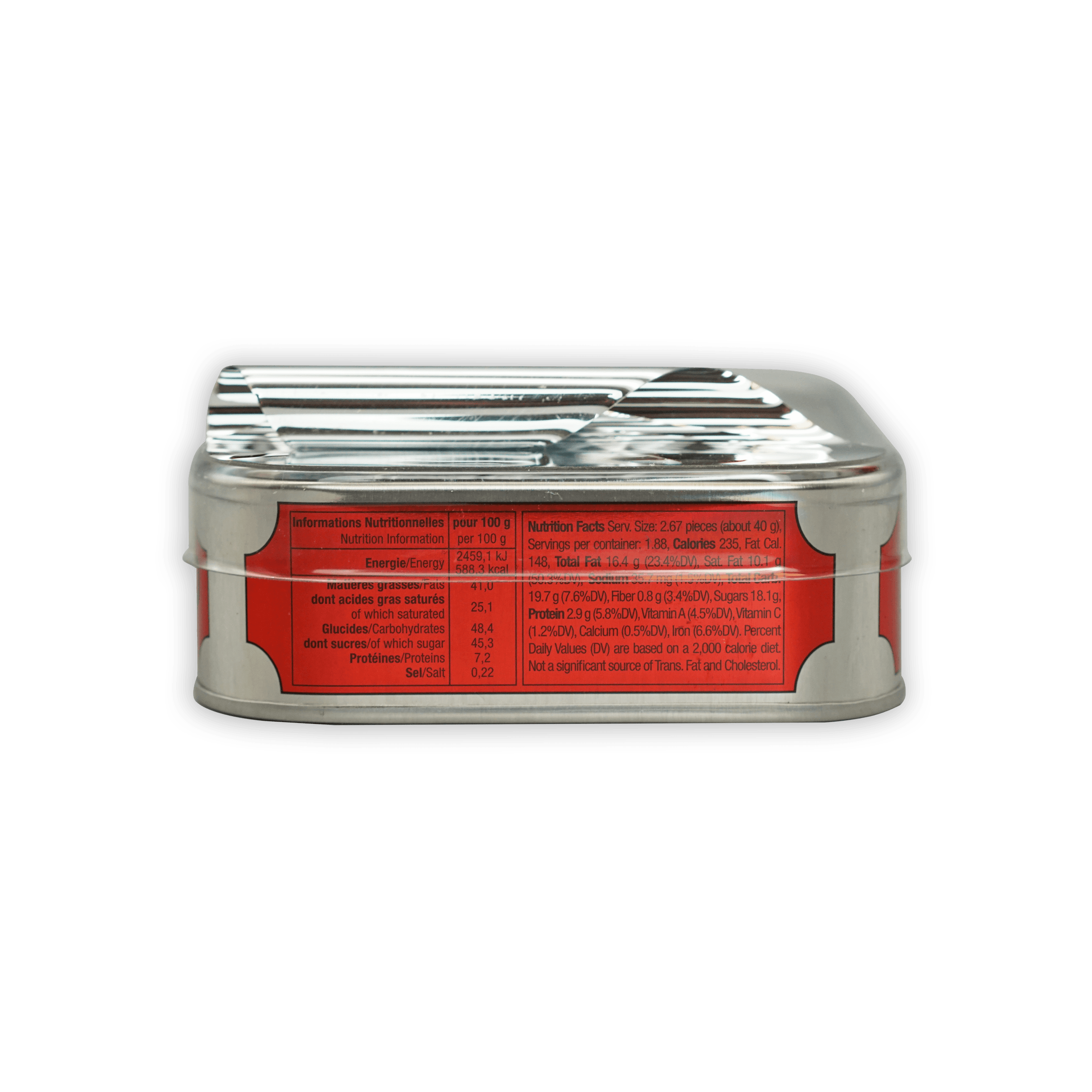 Michel Cluizel milk chocolate sardine tin back with red nutrition label