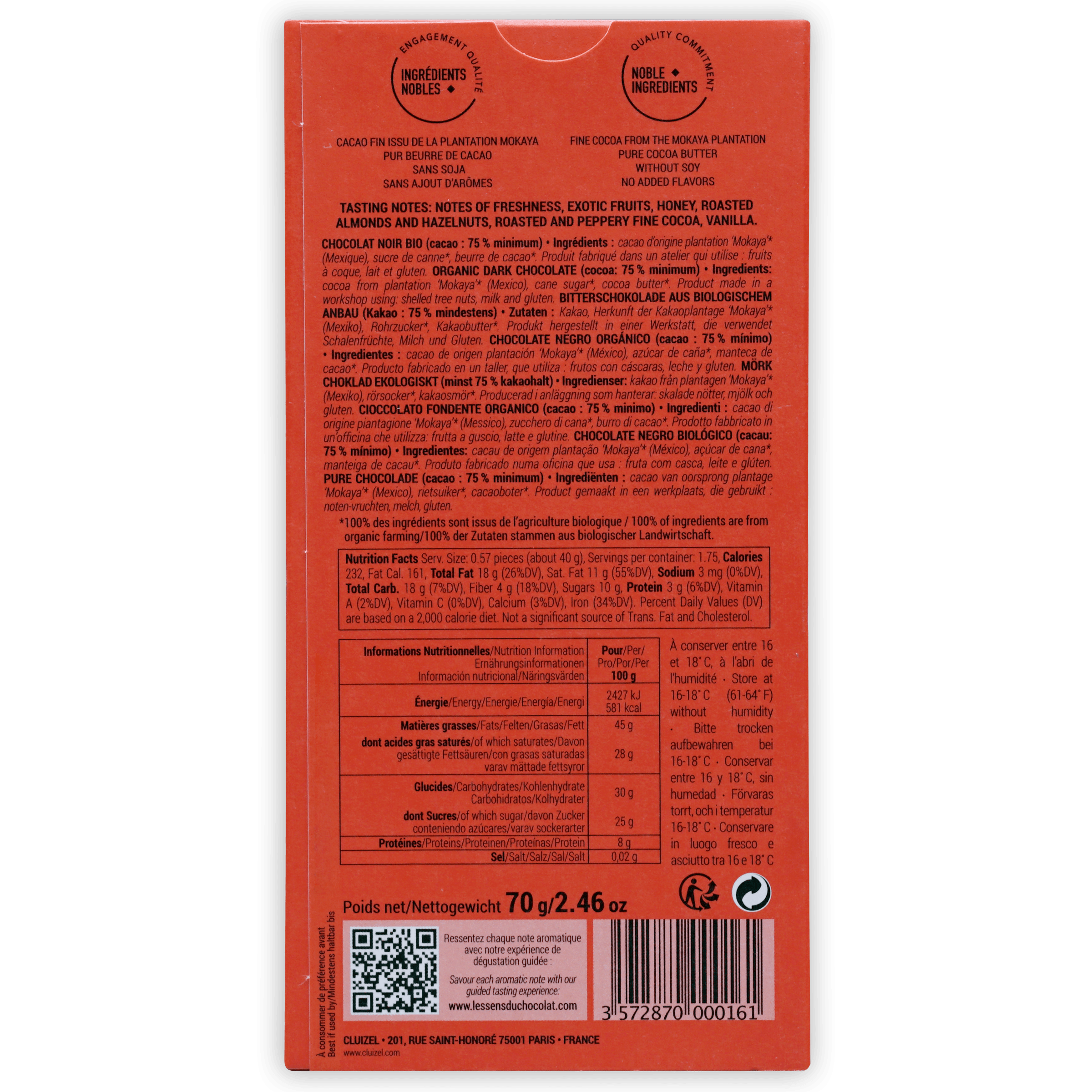 Michel Cluizel Mokaya Noir 75% orange chocolate bar wrapper back with multilingual text
