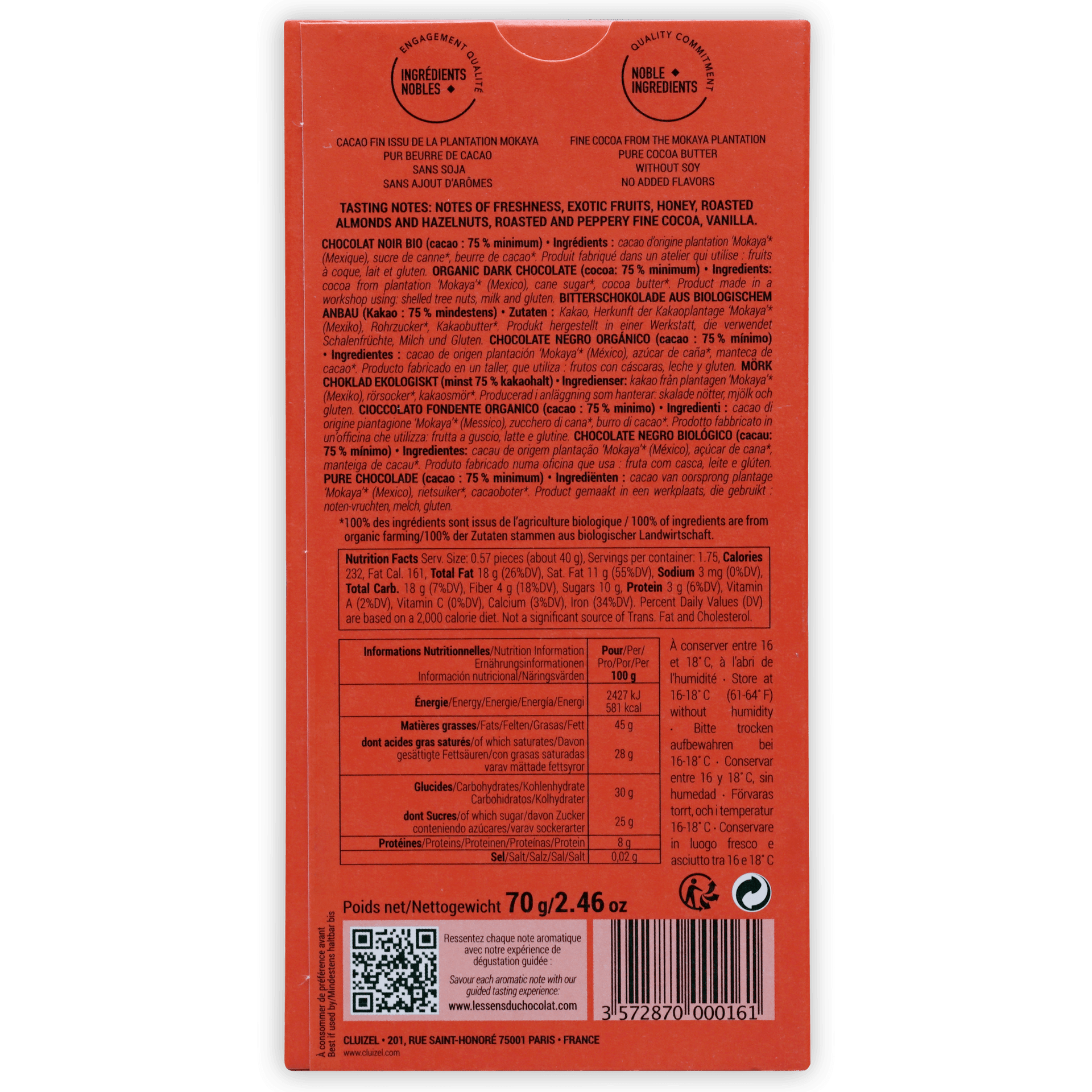 Michel Cluizel Mokaya Noir 75% orange chocolate bar wrapper back with multilingual text