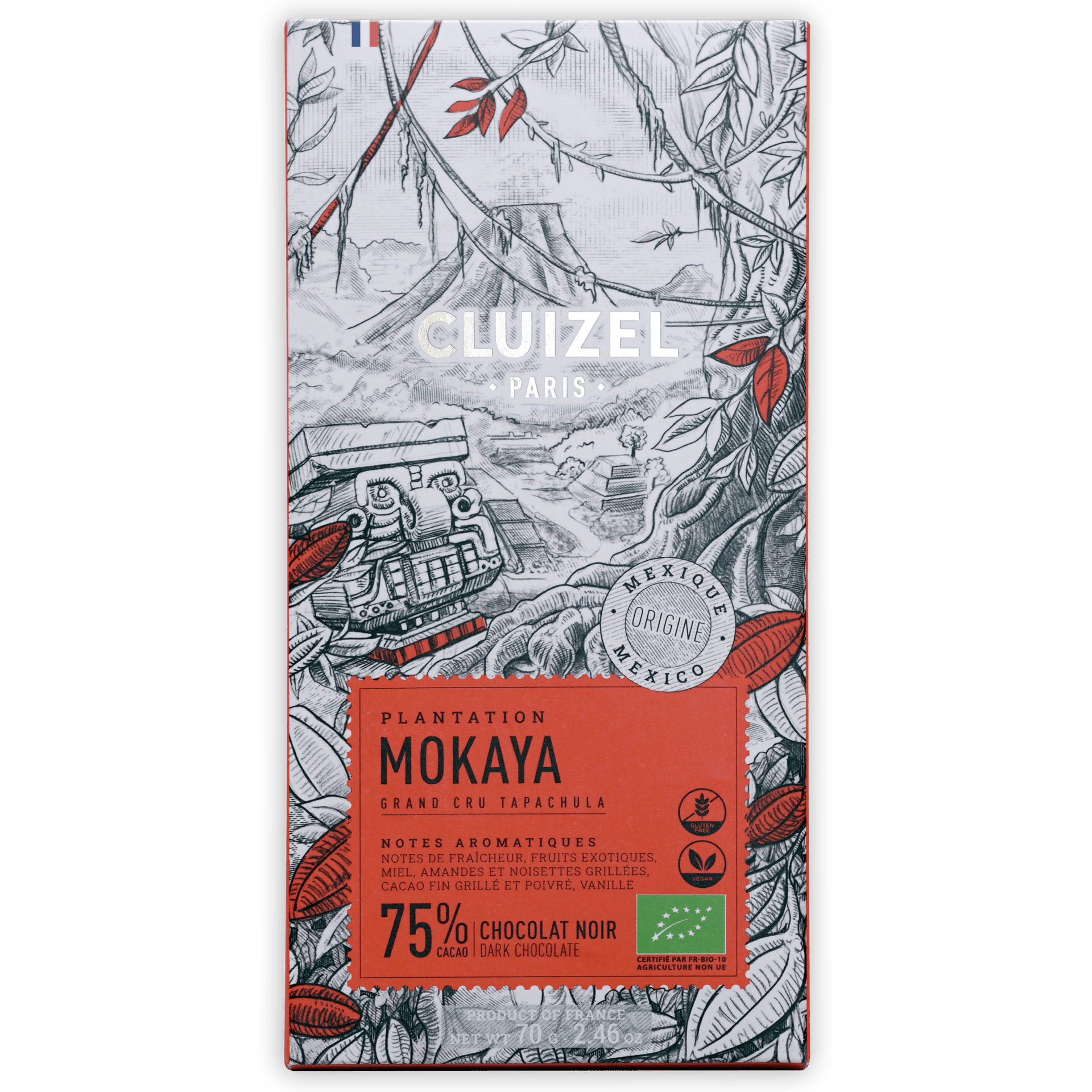 Michel Cluizel Mokaya Noir 75% dark chocolate bar with Amazonian illustration
