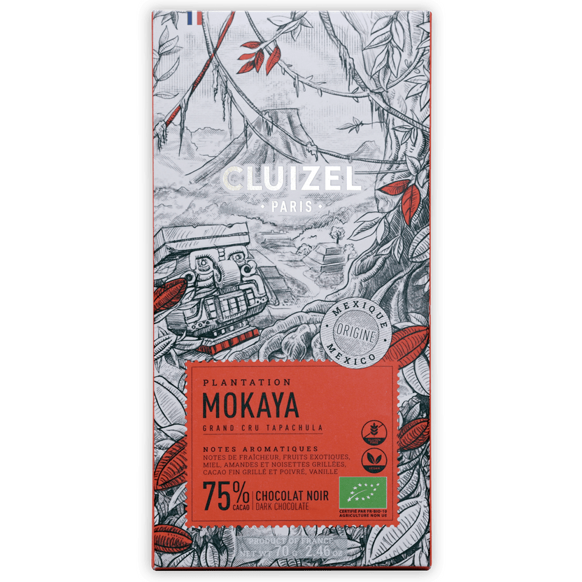 Michel Cluizel Mokaya Noir 75% dark chocolate bar with Amazonian illustration