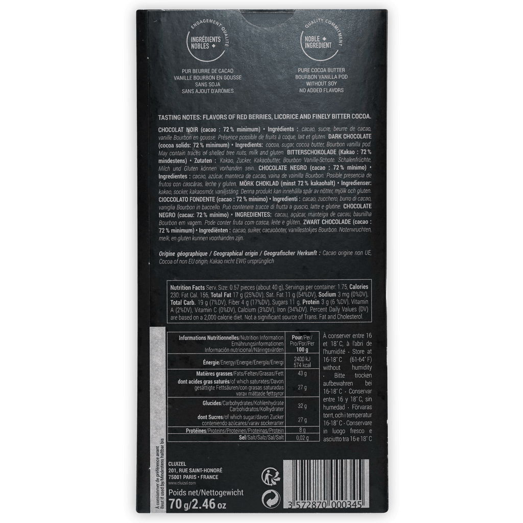 Michel Cluizel Noir 72% dark chocolate bar back with black wrapper and nutrition info