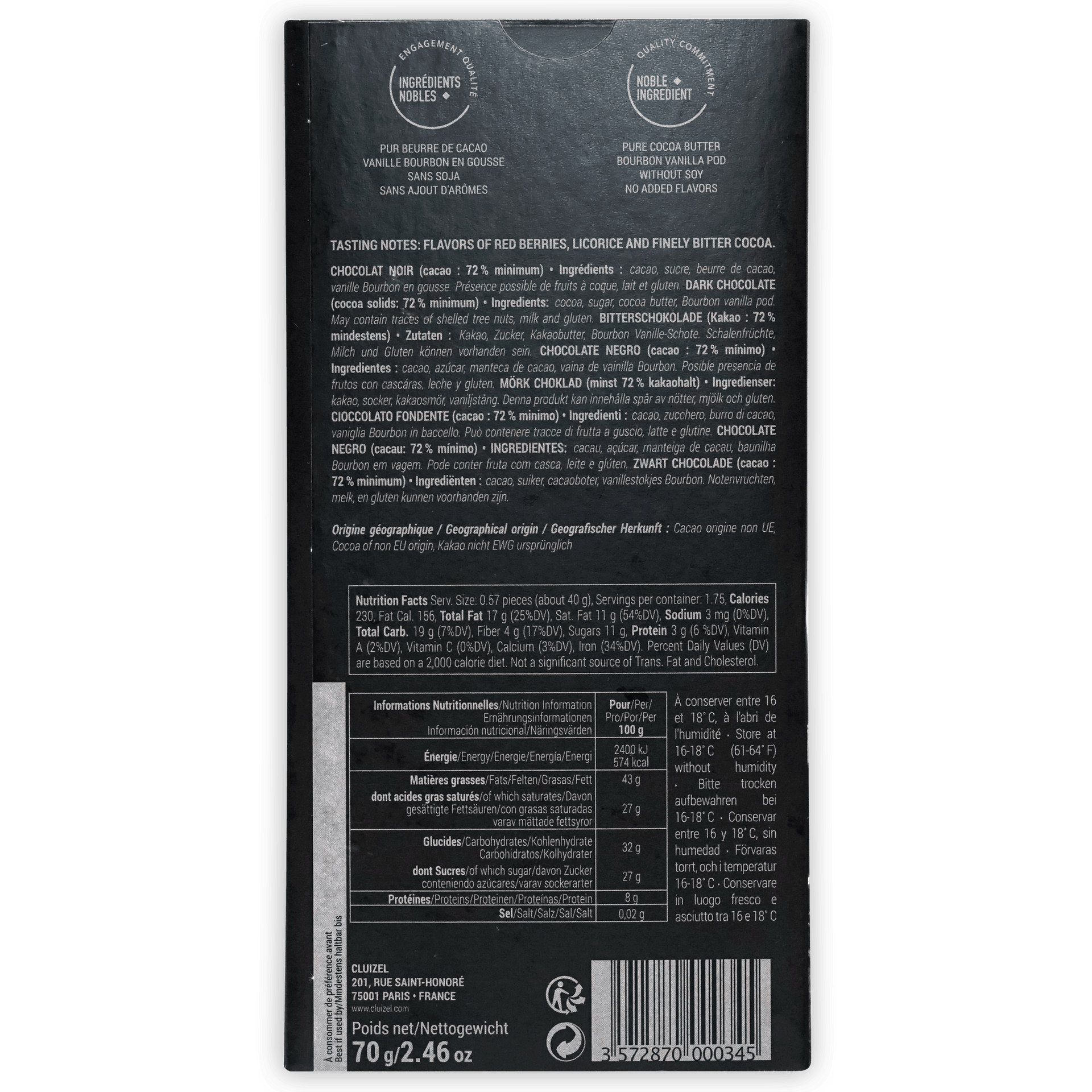 Michel Cluizel Noir 72% dark chocolate bar back with black wrapper and nutrition info