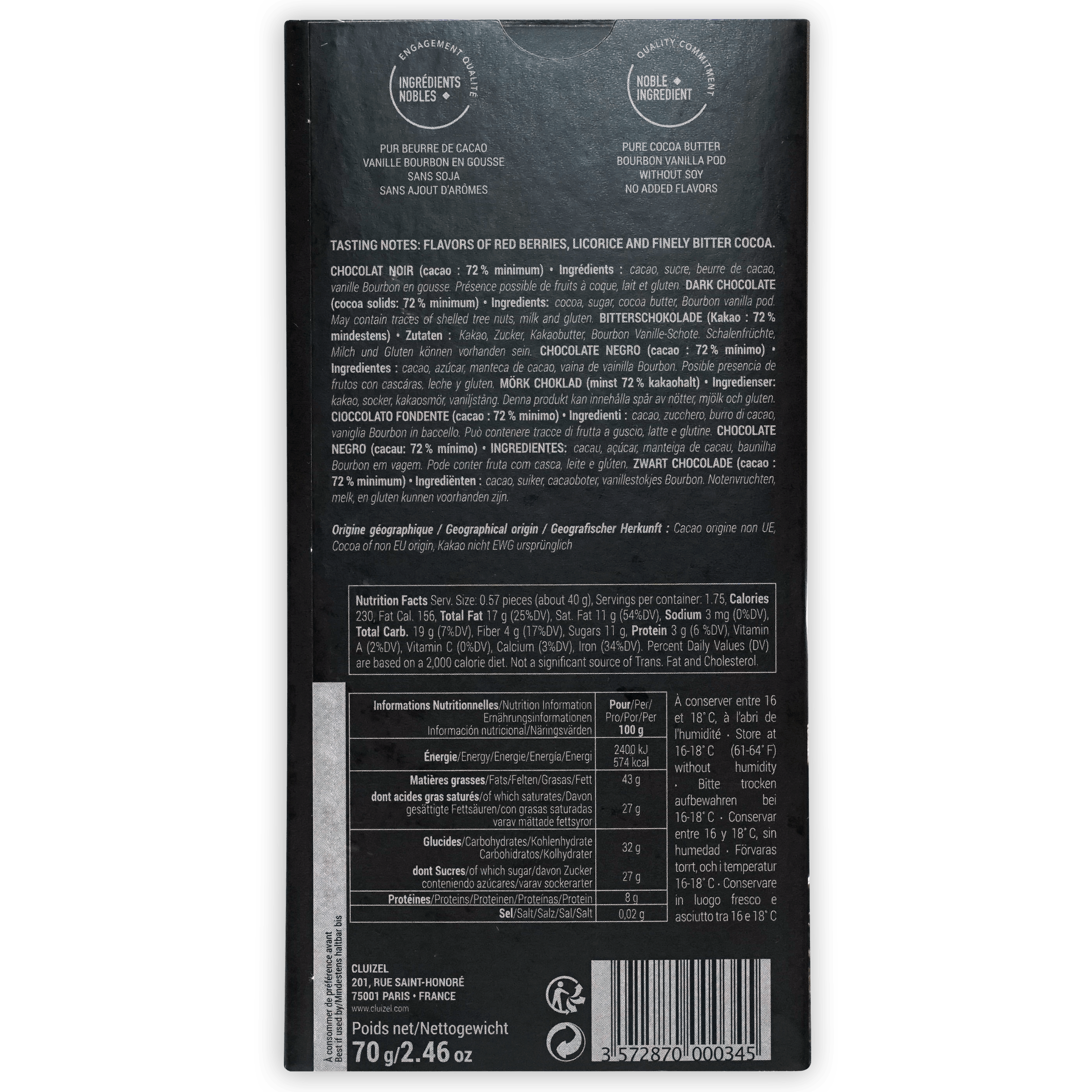 Michel Cluizel Noir 72% dark chocolate bar back with black wrapper and nutrition info