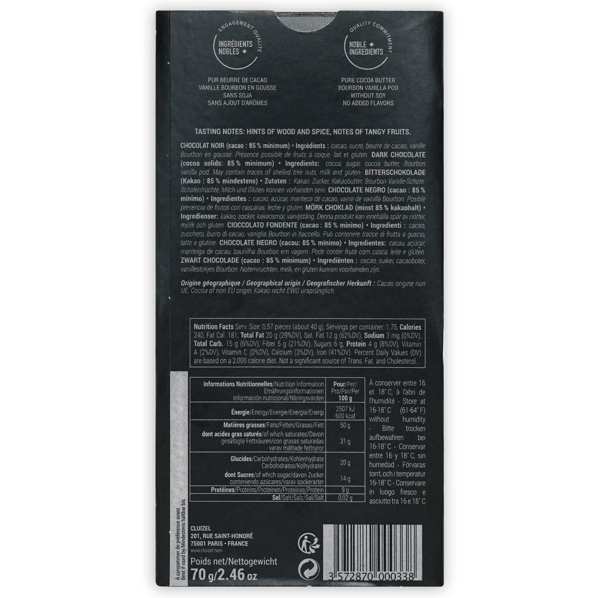 Michel Cluizel Arcango Noir 85% Dark Chocolate – Bar & Cocoa