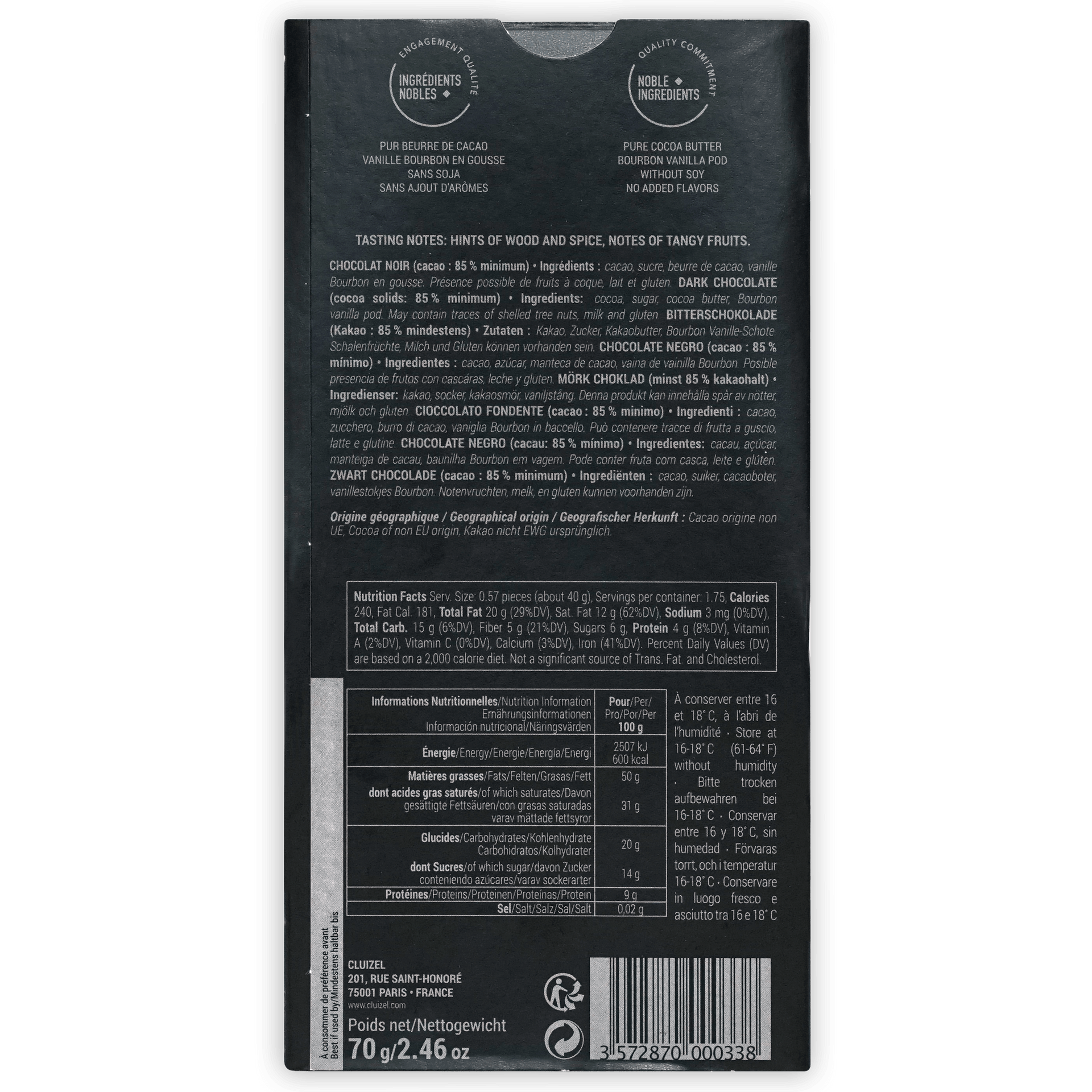 Michel Cluizel Noir 85% dark chocolate bar back with multilingual text