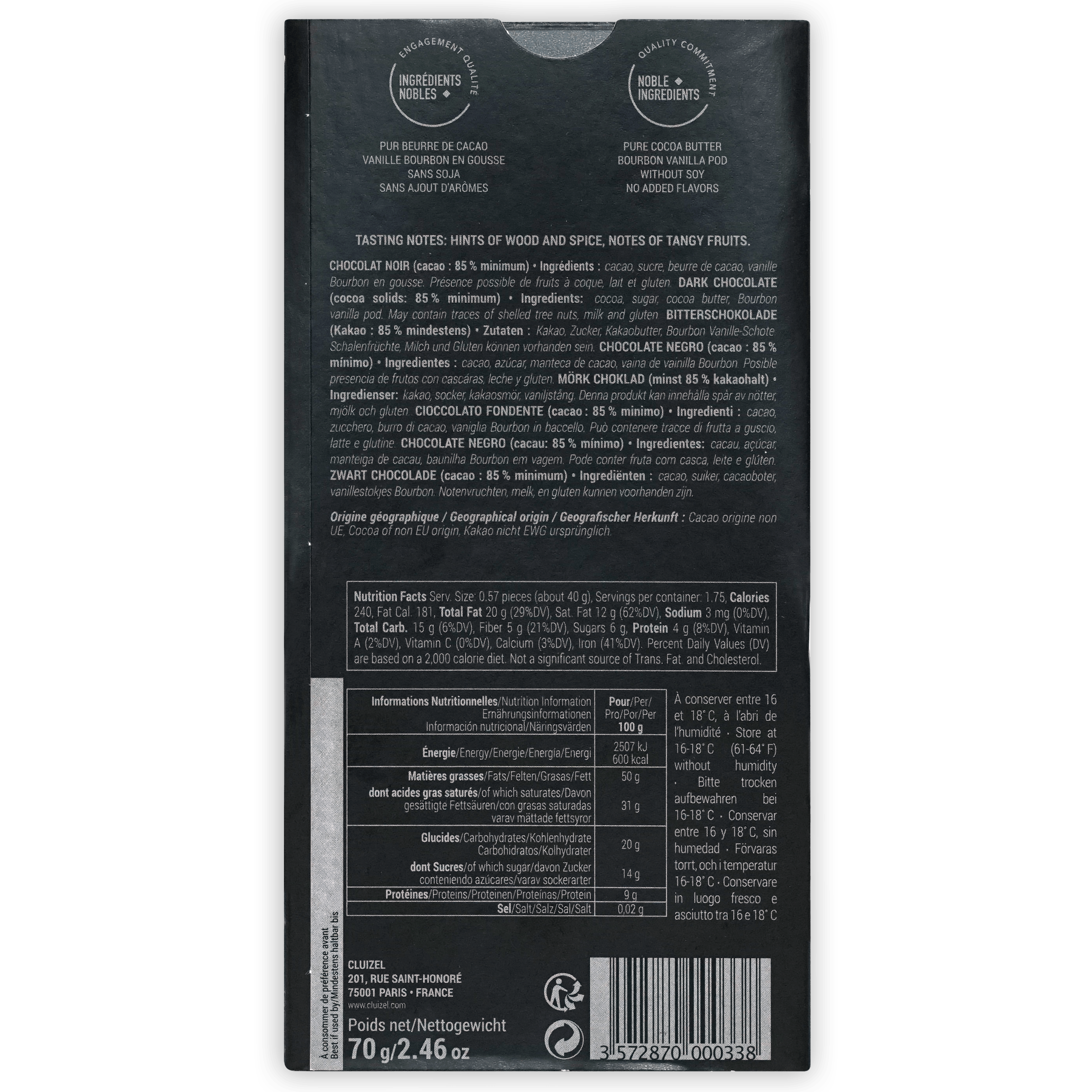 Michel Cluizel Noir 85% dark chocolate bar back with multilingual text