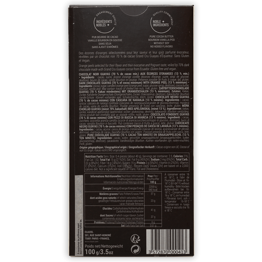 Michel Cluizel Noir w/ Orange Peels 70% dark chocolate bar back label