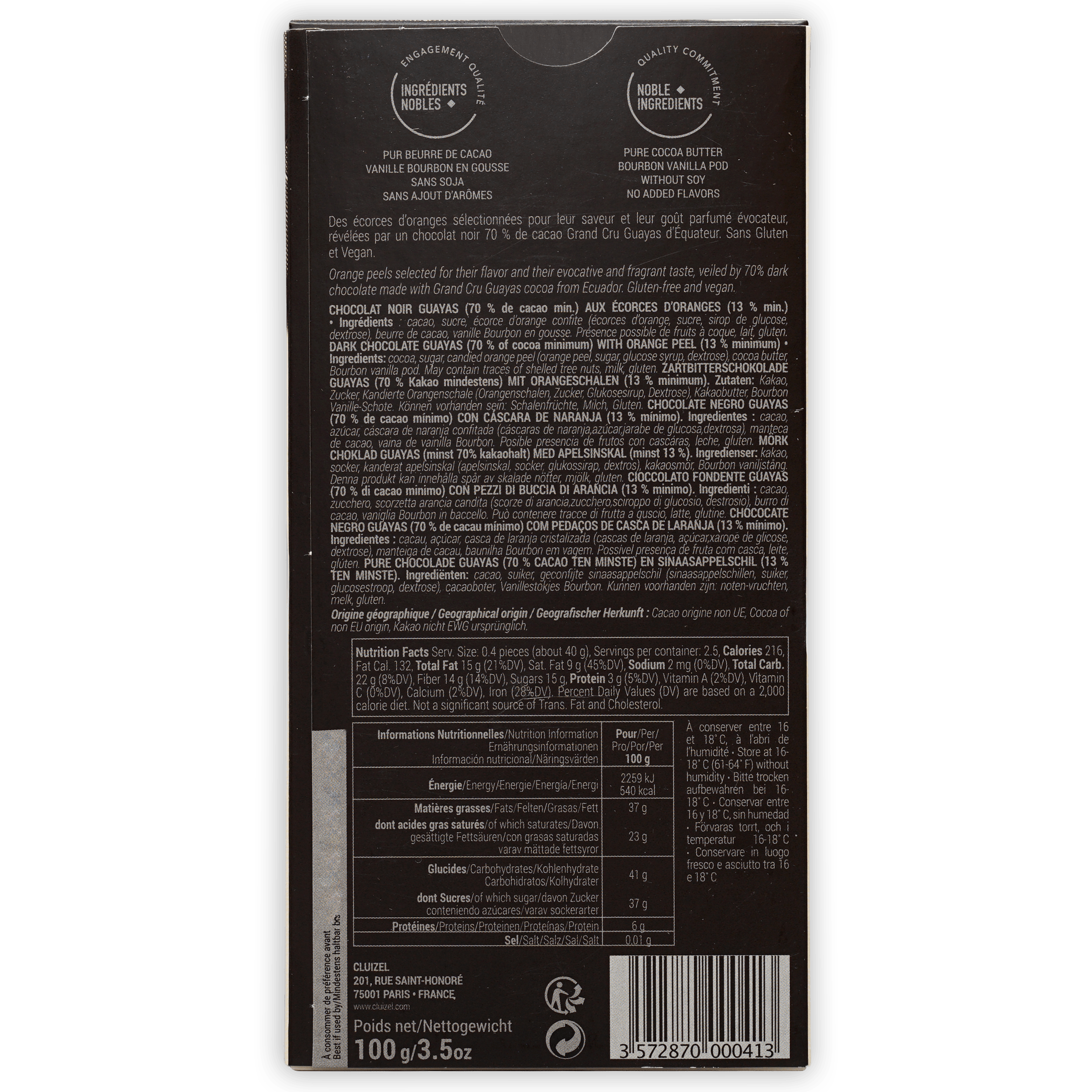 Michel Cluizel Noir w/ Orange Peels 70% dark chocolate bar back label