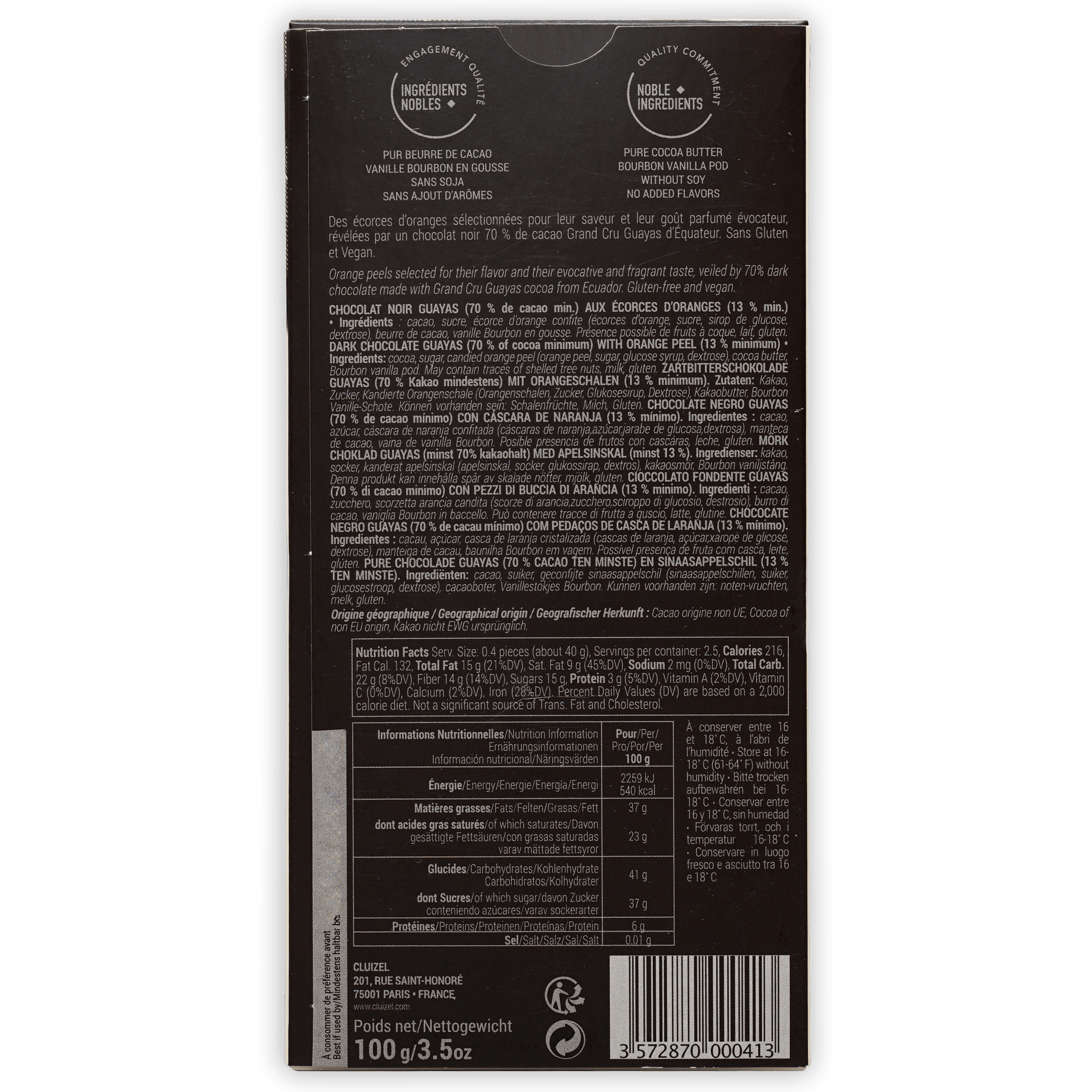 Michel Cluizel Noir w/ Orange Peels 70% dark chocolate bar back label